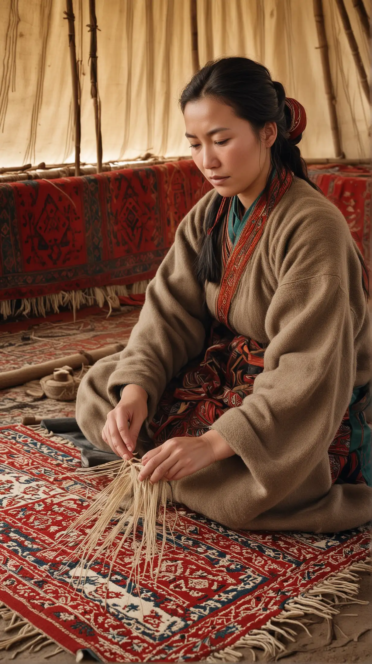 Generate an image capturing the industrious spirit of a Mongol woman as she goes about her daily tasks on the steppe. She is shown weaving intricate patterns into a traditional felt carpet, sitting beside a portable loom set up outside her family's yurt. Despite the nomadic lifestyle, her hands move with practiced precision, skillfully manipulating the wool fibers into beautiful designs that reflect the rich cultural heritage of her people. hyper realistic