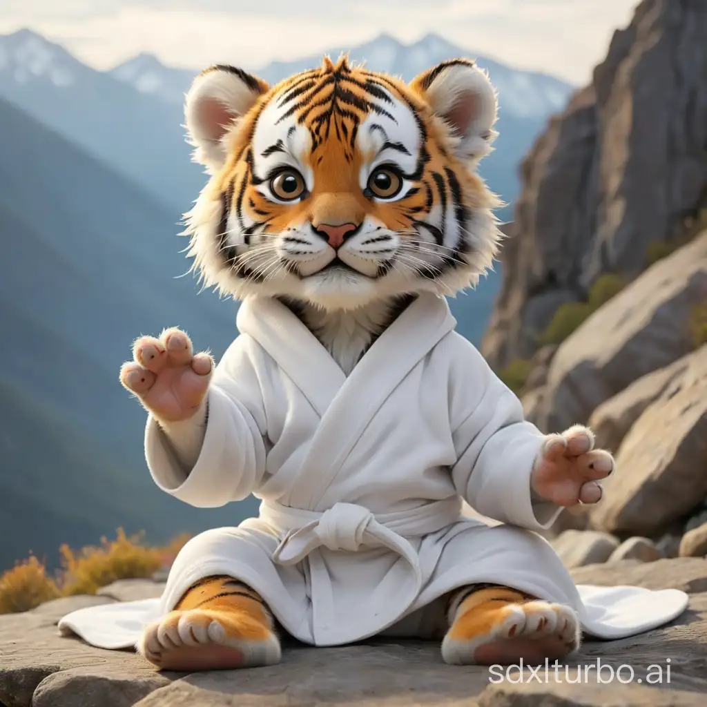 baby tiger does yoga in the mountains, sits in a white robe