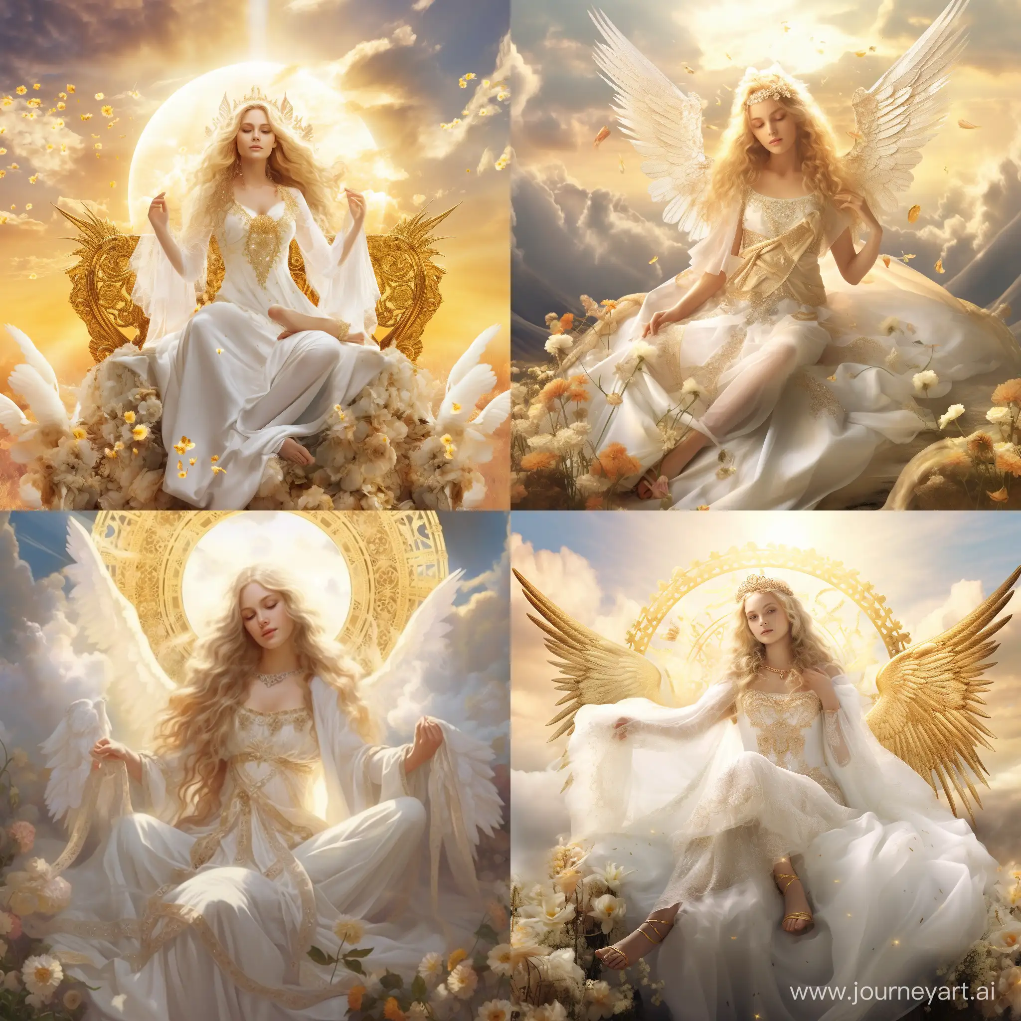 the divine maiden sits on a cloud. long blonde braids. grey eyes. snow-white glowing skin. transparent long veil with crystal. delicate, airy and translucent divine clothing. elements of crystal in robes. gold bracelets on legs and arms. angel wings. a lot of light. sun rays. clarity. flower meadow. atmosphere of love