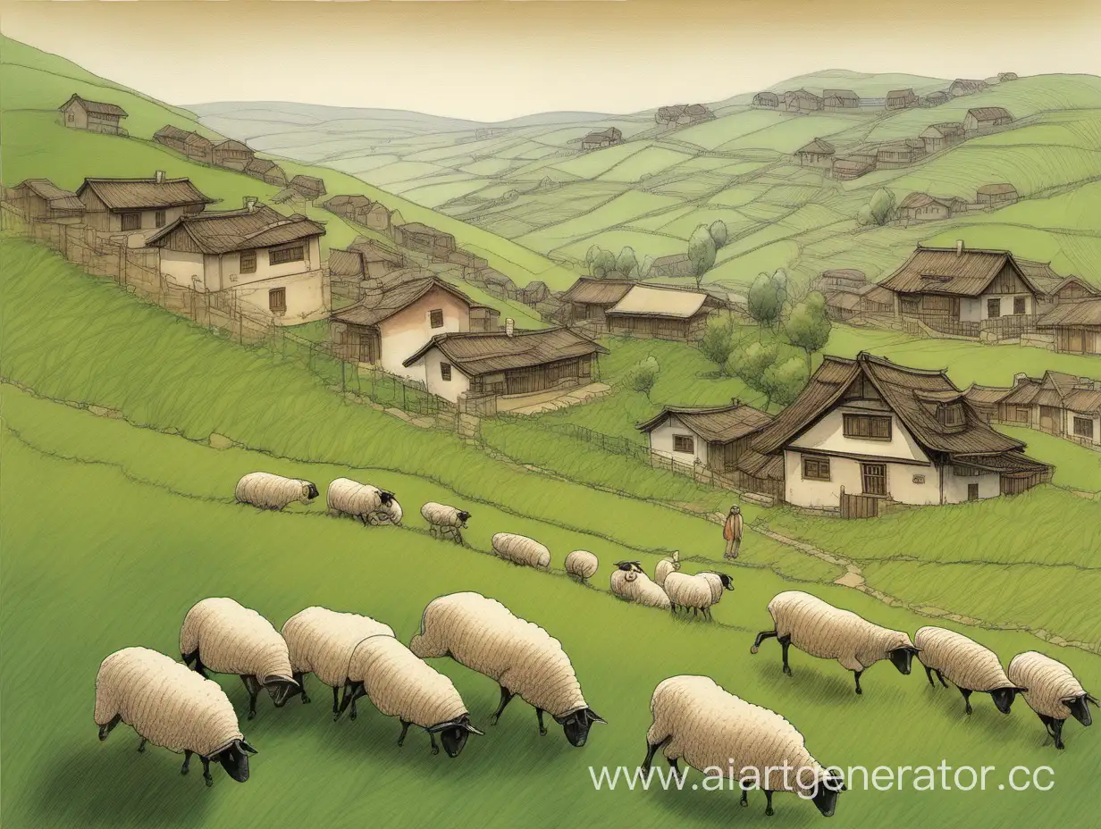 Picturesque-Steppe-Ravine-with-Stone-Houses-Wheat-Fields-and-Grazing-Livestock