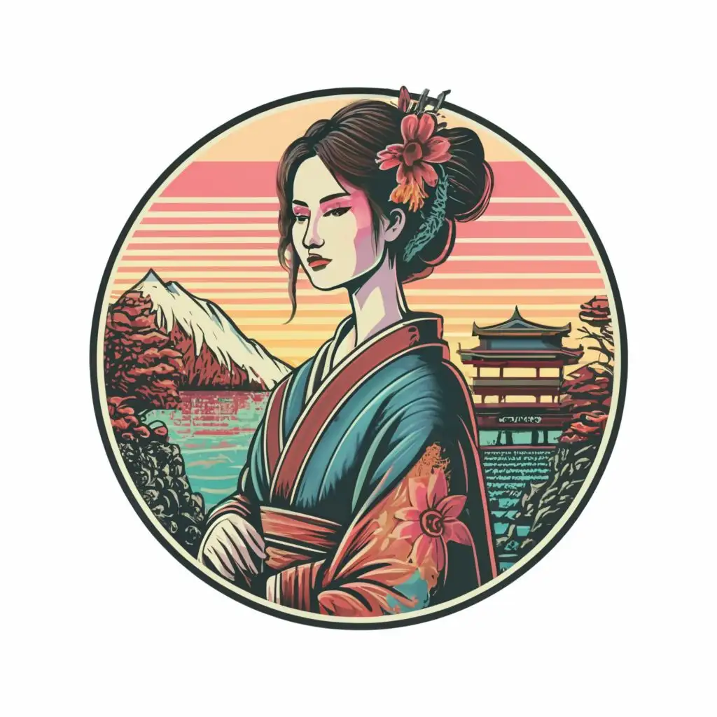 logo, logo, t-shirt geisha girl with beautiful scenery background, Contour, Vector, , no words, ultra Detailed, ultra sharp narrow outlined image, no jagged edges, vibrant neon colors, typography, , with the text ".", typography