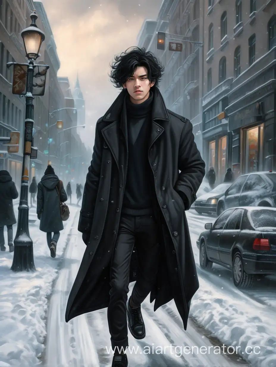 Парень с растрепанными чёрными волосами одетый в черную куртку, черные брюки, и черные туфли ищет по зимней улице по городу