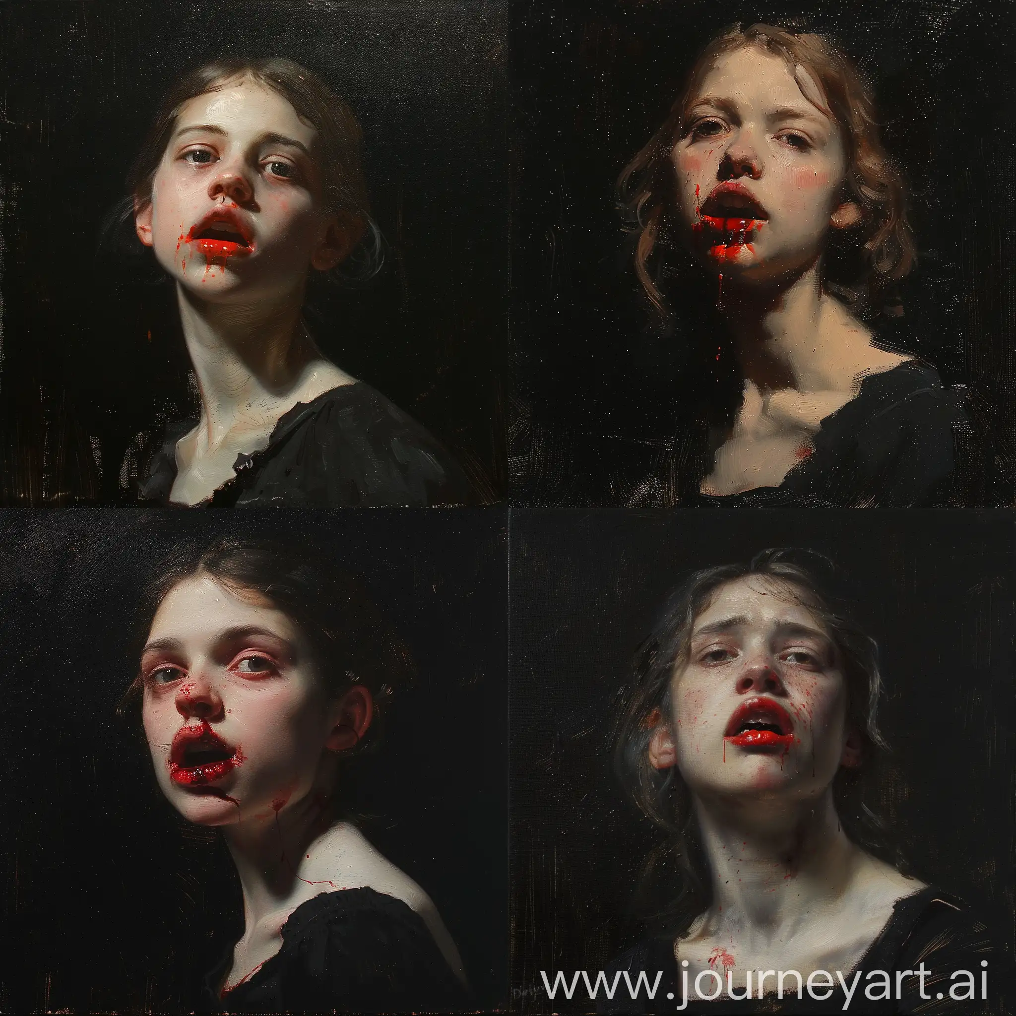 Dark painting of a young woman with bloody mouth by Frank Duveneck, Oil sketch, wlop John singer Sargent, jeremy lipkin and rob rey, range murata jeremy lipking, John singer Sargent, black background, jeremy lipkin, lensculture portrait awards, casey baugh and james jean, detailed realism in painting, award-winning portrait, amazingly detailed oil painting, brushstrokes, Sean cheetham, details, well painted, good colors, strong shadows, black background