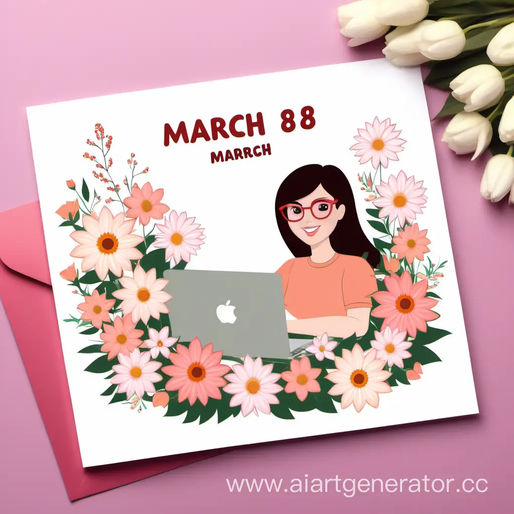 International-Womens-Day-Greeting-Card-Inspiring-TeacherFreelancer-with-MacBook-and-Flowers