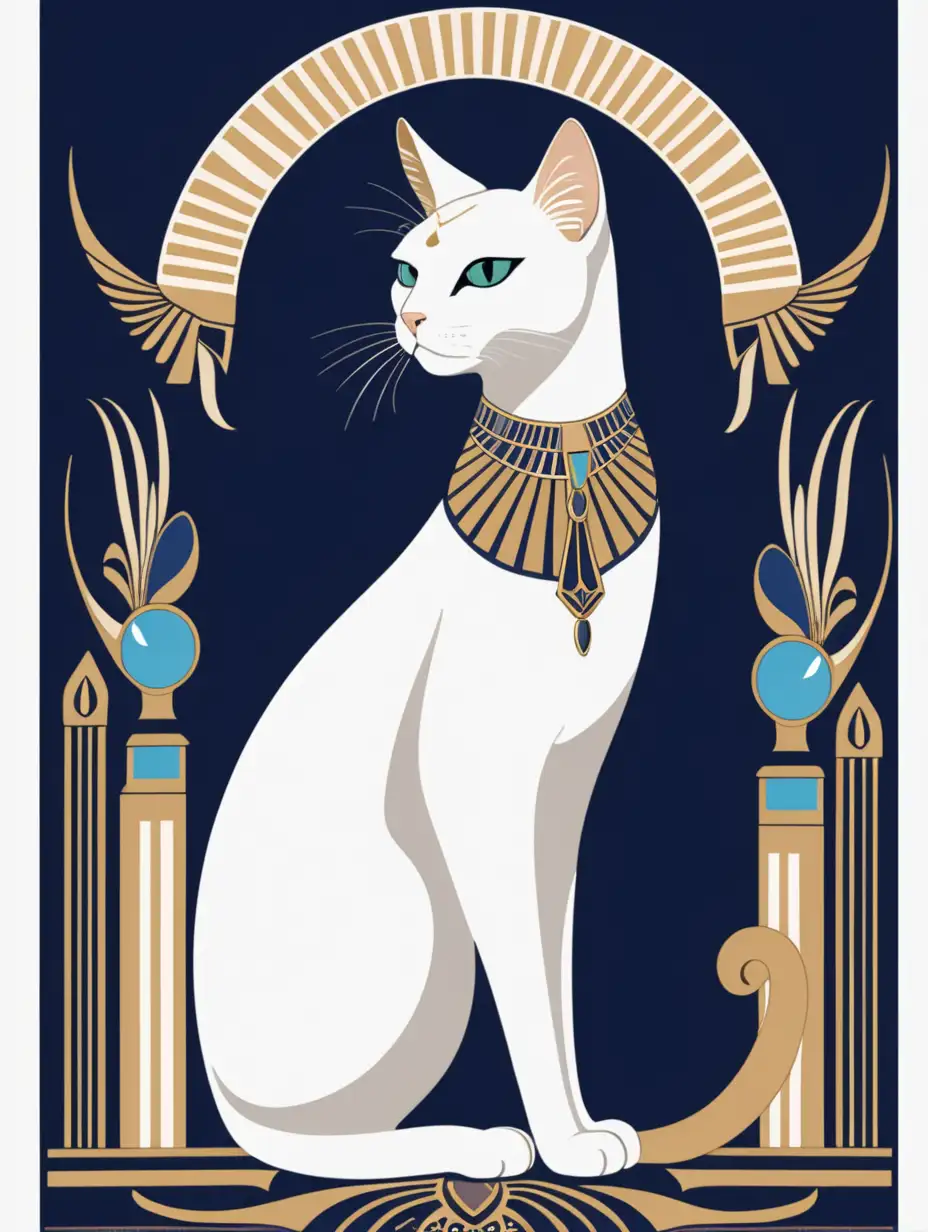 Elegant White Cat Portrayed as the Egyptian Goddess Bast in the Style of Erte