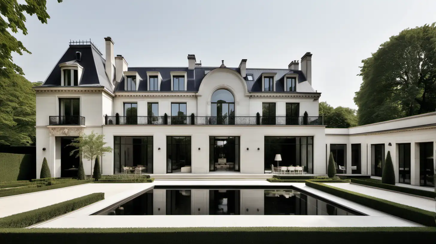 Modern Parisian-inspired home in daylight; ivory, black, limestone; sprawling gardens
