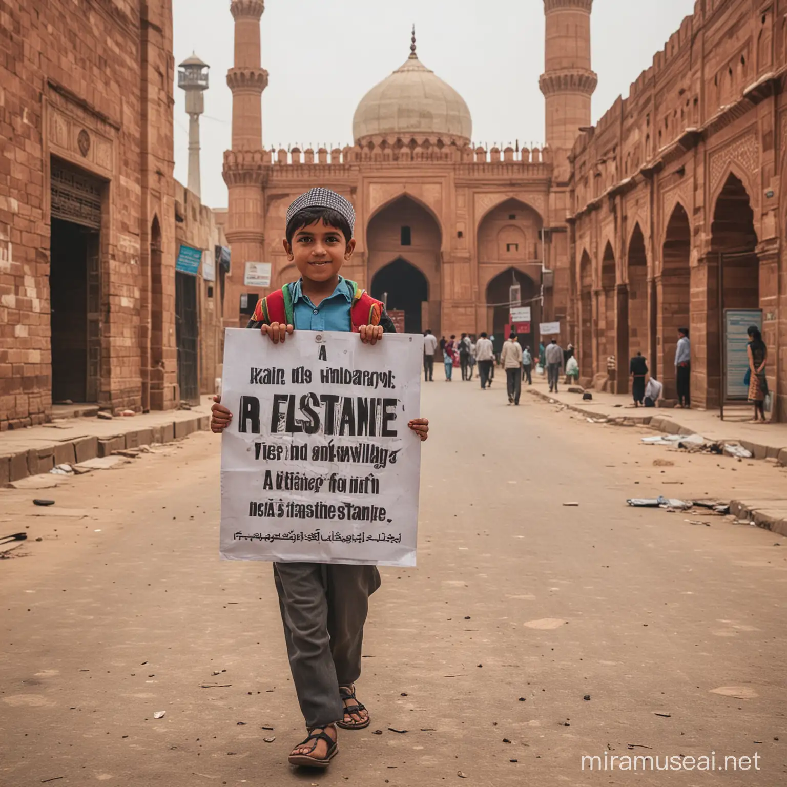 Child Holding Free Palestine Poster in Front of Badshahi Mosque Old Lahore