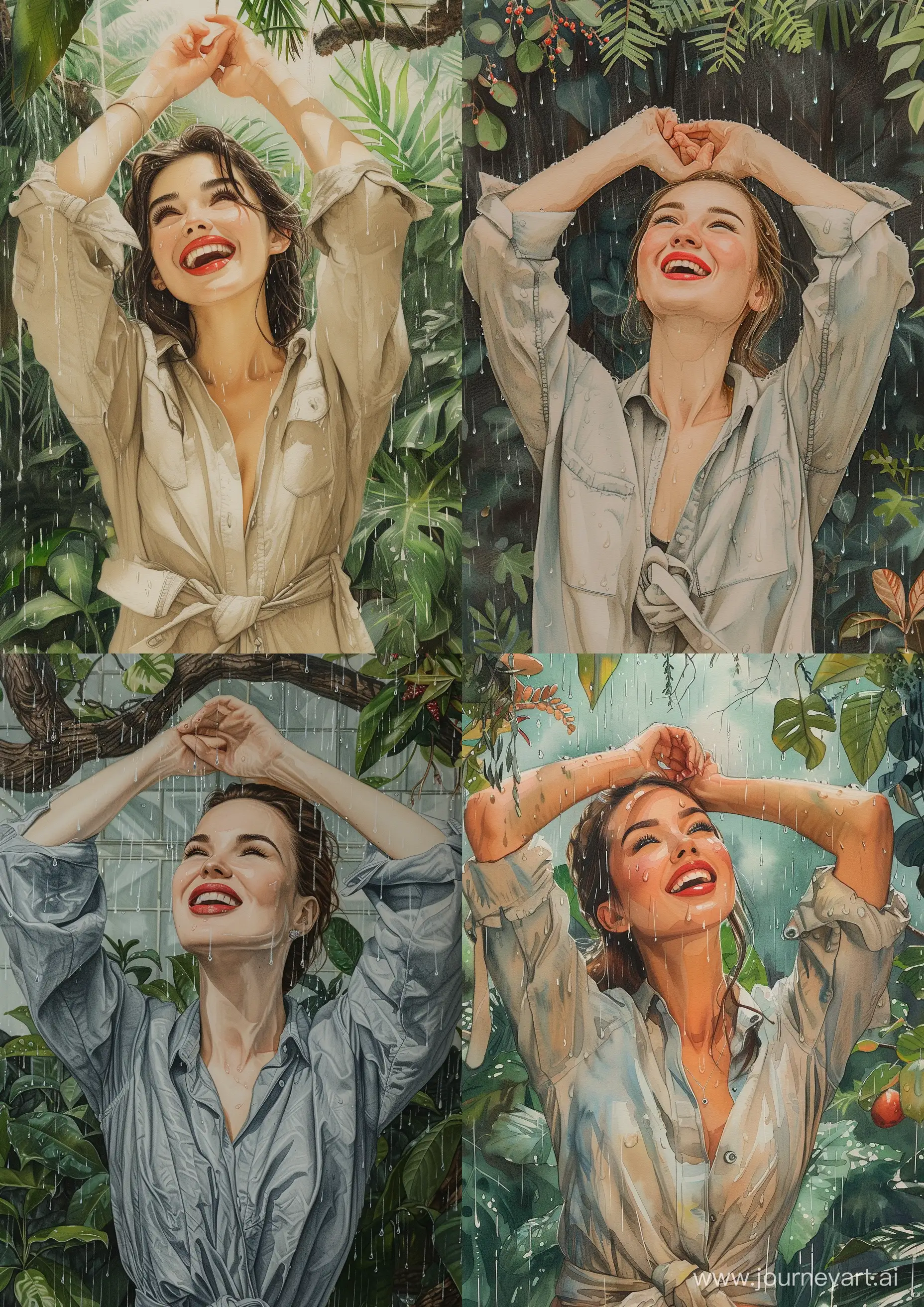 Fascinating-Russian-Beauty-Laughing-Amidst-Lush-Greenery-in-Rainy-Sunshine