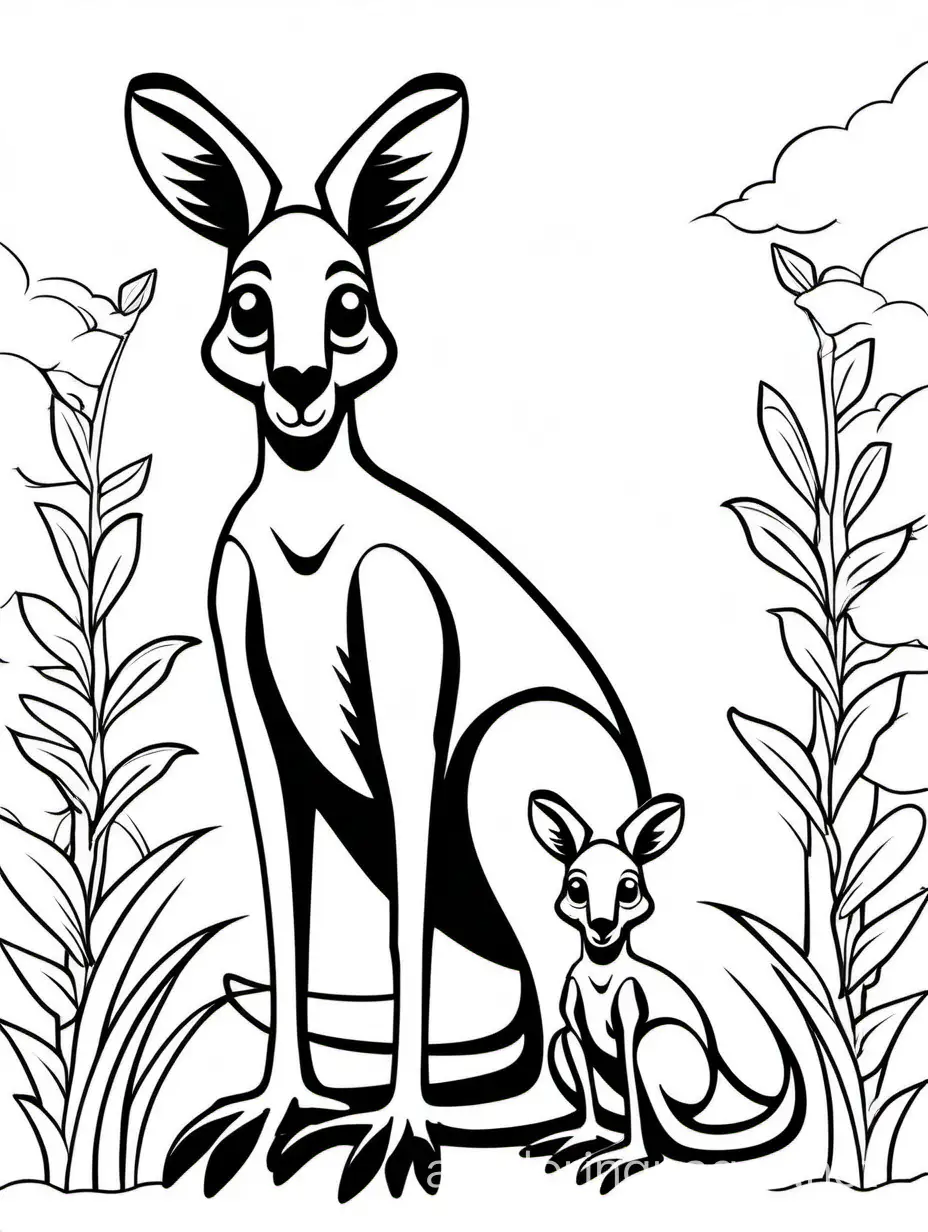 Kangaroo and his baby for Kids is easy, Coloring Page, black and white, line art, white background, Simplicity, Ample White Space. The background of the coloring page is plain white to make it easy for young children to color within the lines. The outlines of all the subjects are easy to distinguish, making it simple for kids to color without too much difficulty