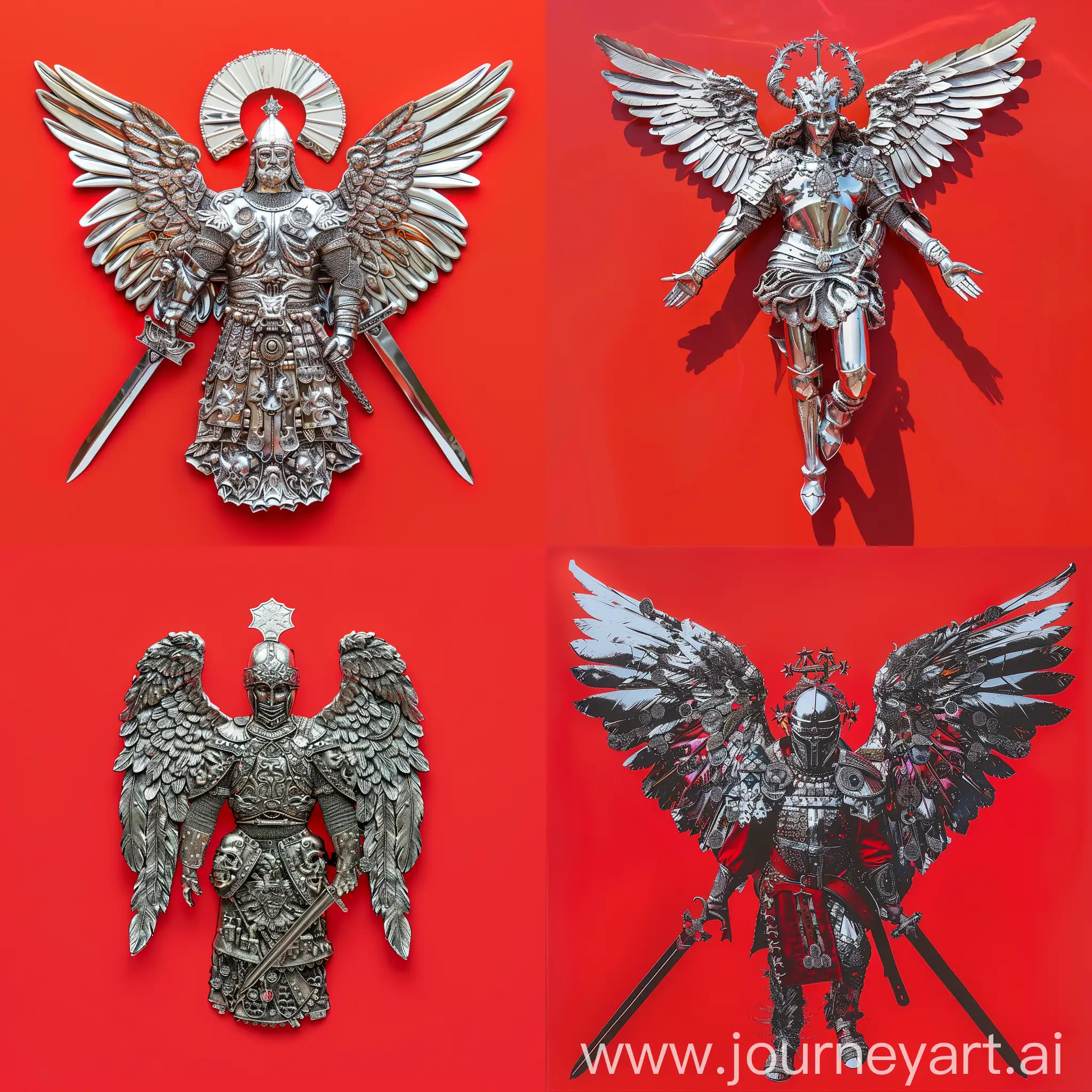 A highly decorated silver angelic slavic warrior on a bright red background