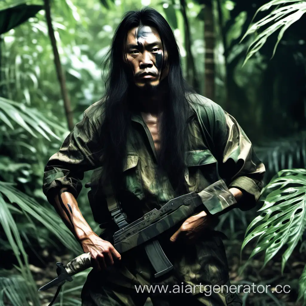 Китаец с ножом в руке и длинными волосами в джунглях лицо у него в боевой раскраске



