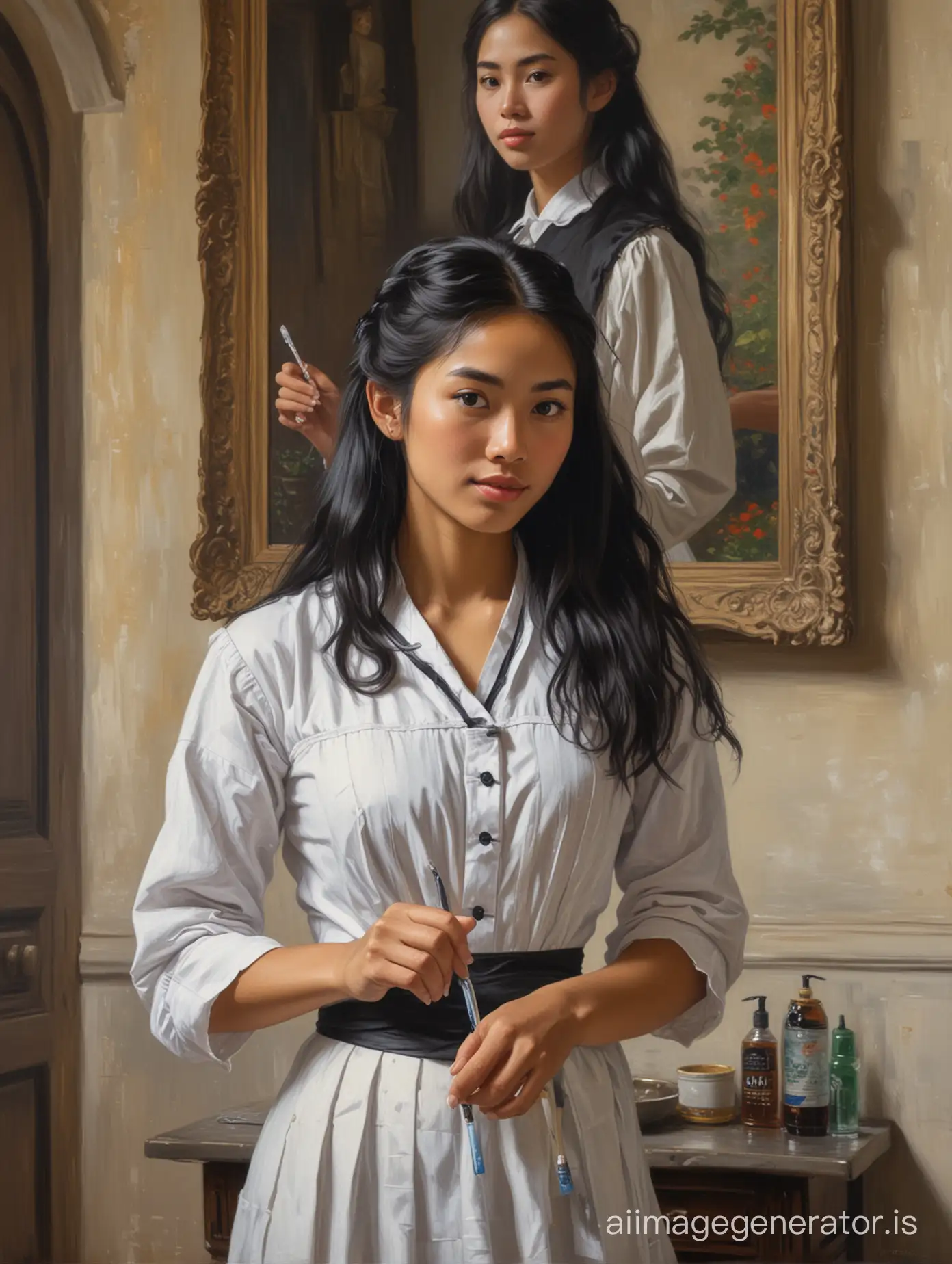 Monet frint view oil painting of a beautiful tanned Vietnamese maid with long black hair wearing a maid uniform holding a toothbrush, in a castle bathroom