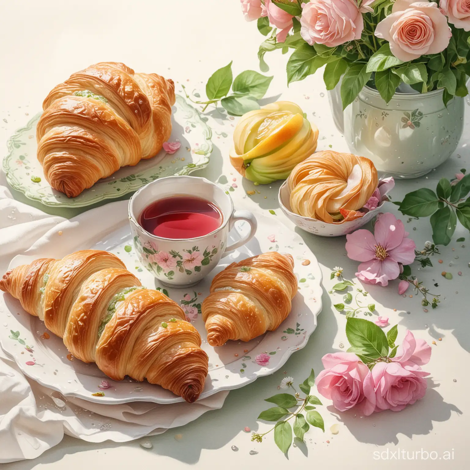 realistic food sketch ,vintage, gently, water drops, sweet  apple  croissant puff pastry with jam and a cup of tea, flowers, spring, sun, Light Taupe, Verdepeche, Rose Quartz tones, shades of green, light green, sun,watercolor pencil drawing, double exposure, bottom view, fantasy, sketching, ink, watercolor detailed deep drawing,