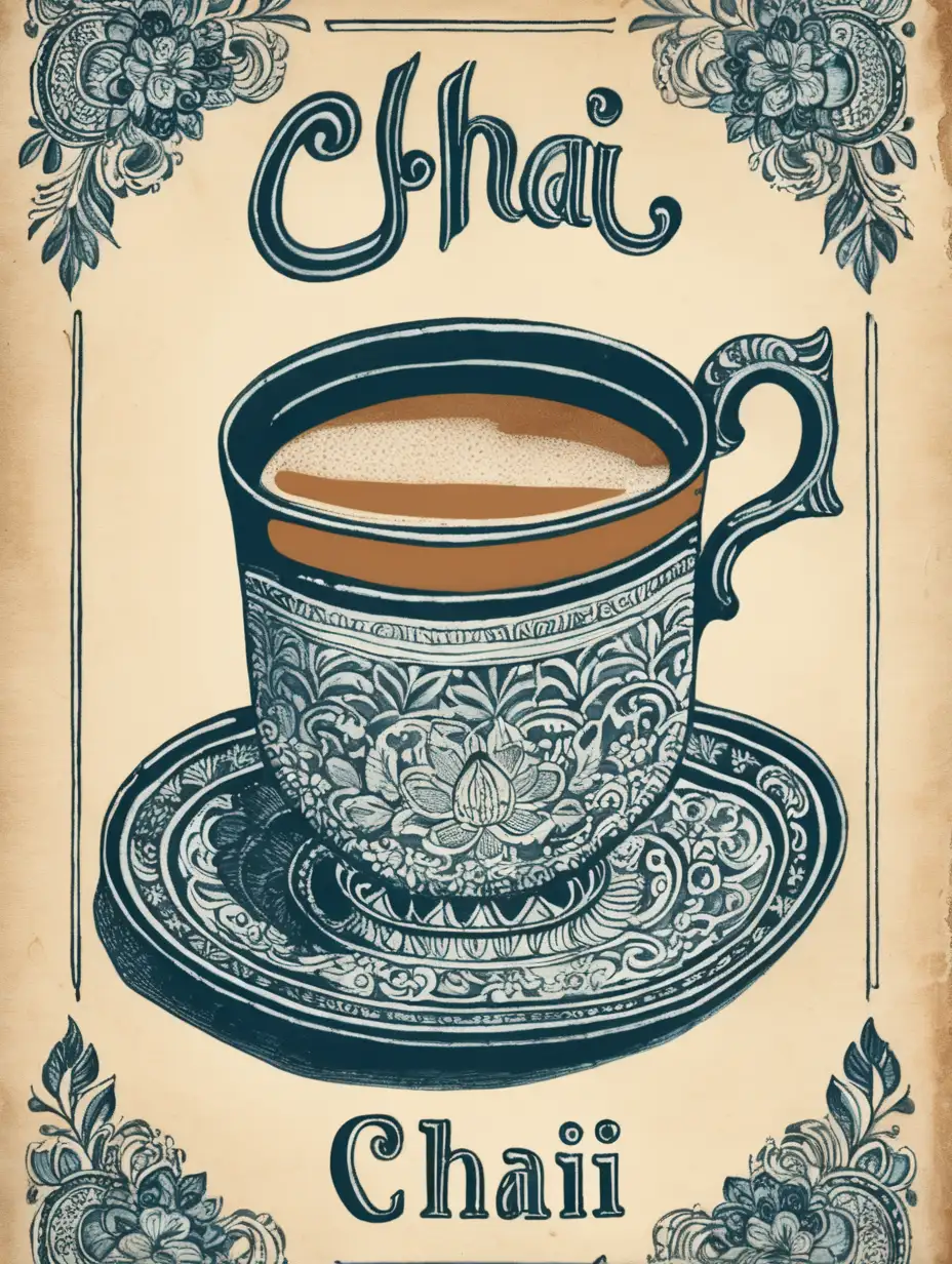 Retro Tea Illustration with Antique Teacups and Floral Motifs
