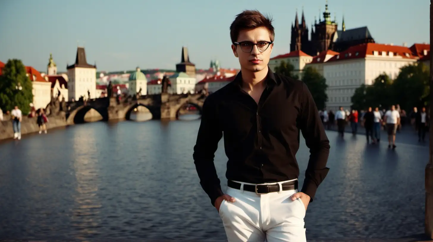 create a young beautiful male wearing white throusers and black shirt, brown hairs and glasses, background is from Prague on Charless Bridge., ari camera 35 m, wide focus, cinematic 16:9 v6.0