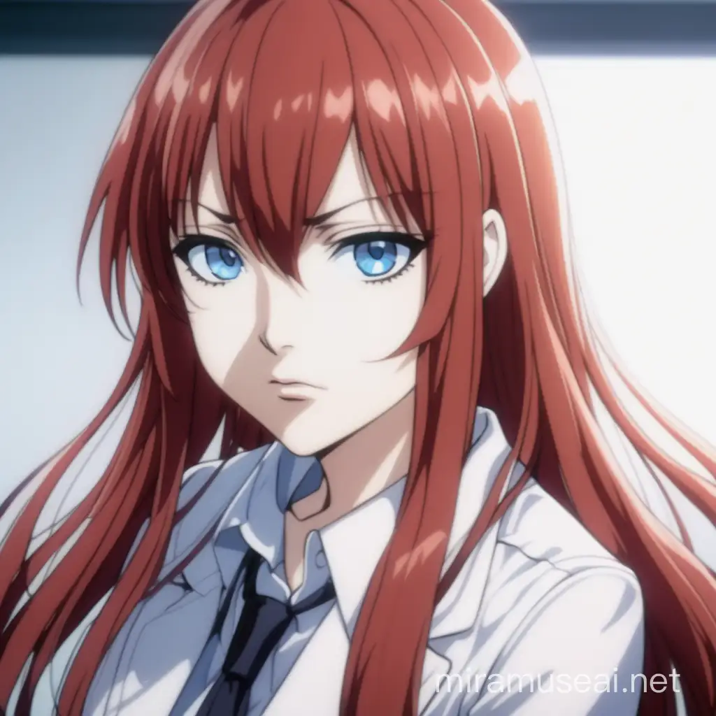 Anime adult serious woman, blue eyes, red ginger long hair, looks a bit like makise kurisu