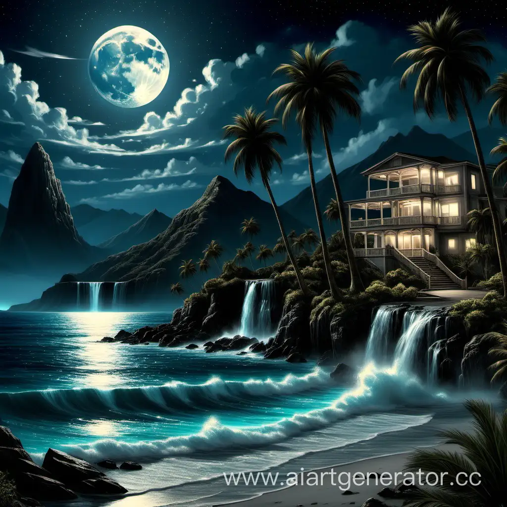 ночной берег океана, пальмы, горы, большая луна, водопад на заднем плане