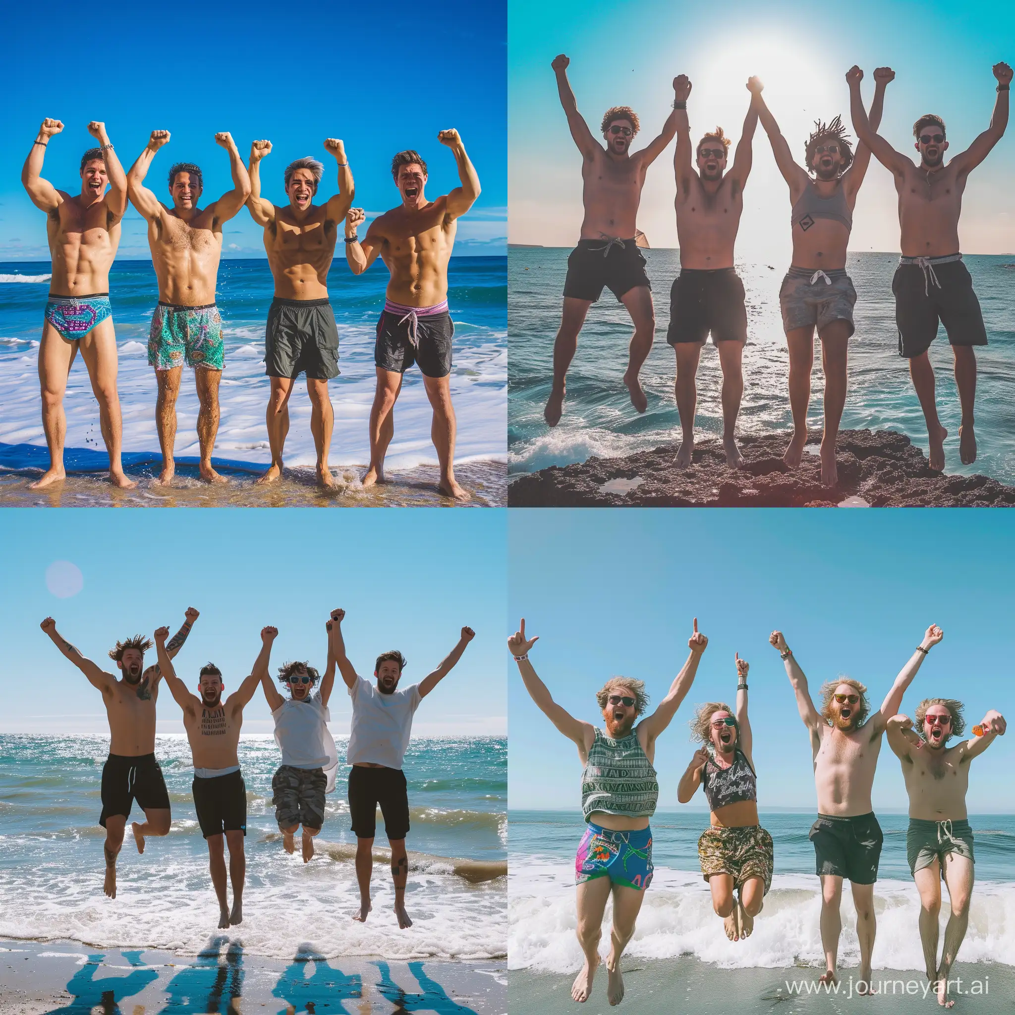 Four-Energetic-Friends-Enjoying-Beachside-Fun