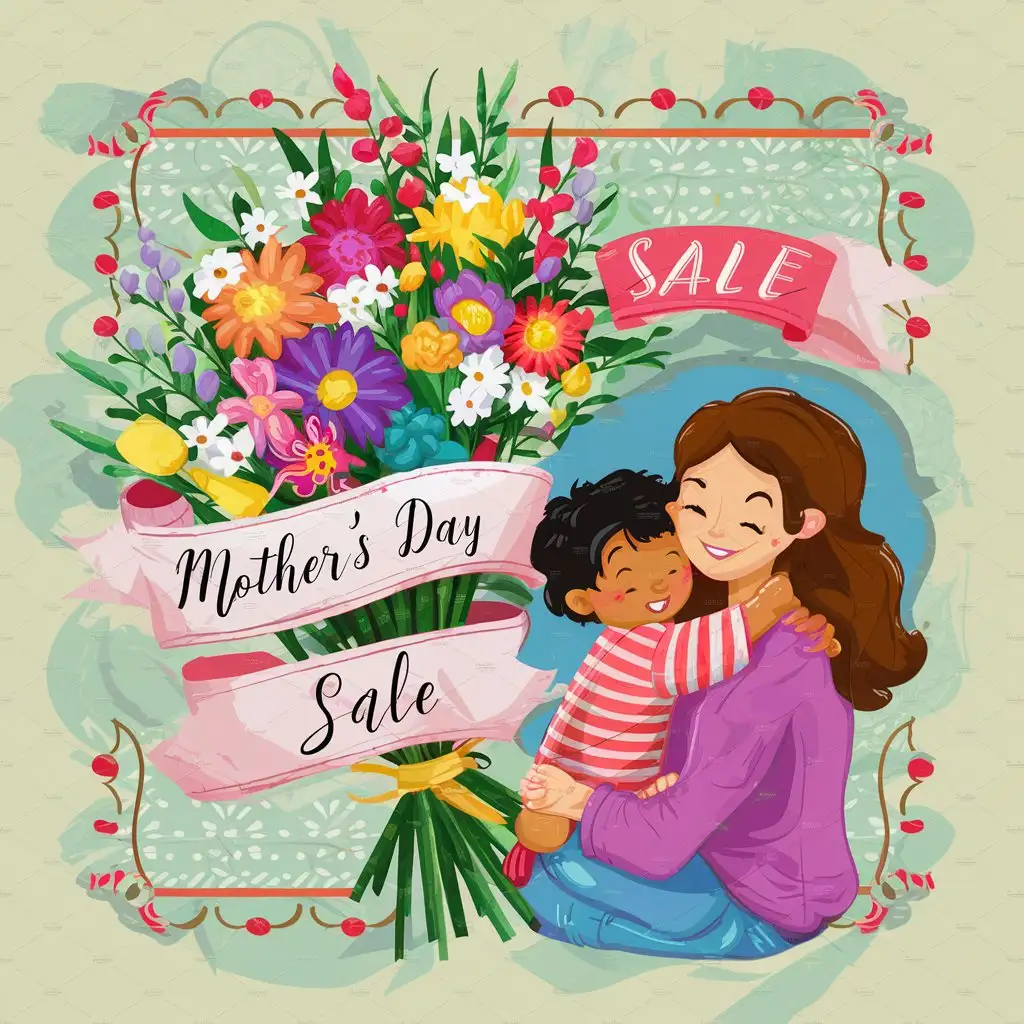 Joyful Mothers Day Sale Celebration Card with Flowers and Gifts