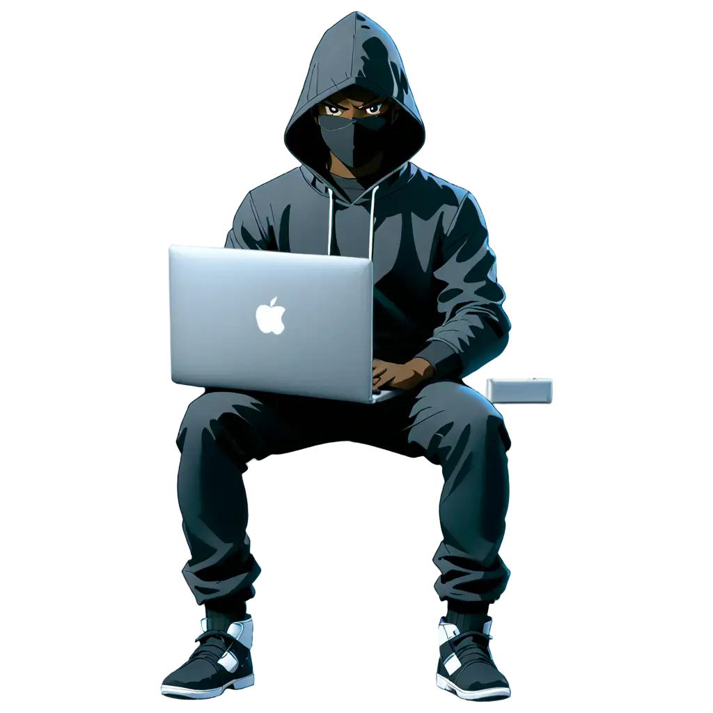 anime, black hacker, Sitting down and hacking with the MacBook on your lap