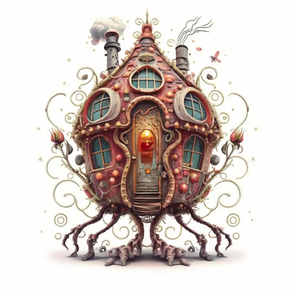 logo, Author's style "Paradoxical reality of optimal minimum of boundless possibilities" in the field of luminescent design technology for the image of "Boiler room CRIMEAN ROSE in the form of a fairy hut on chicken legs, image without text, background white color, with the text "___", typography