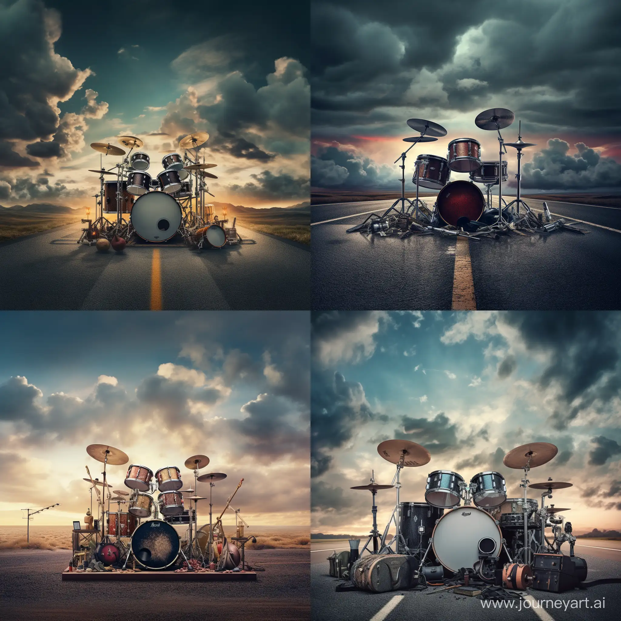 a drum kit standing on a truck it the middle of the highway, the sky before the storm