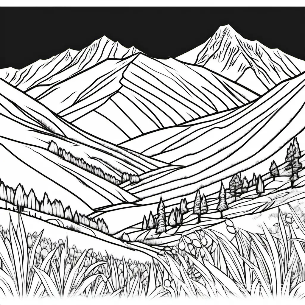 slovakian country in february 
low tatras
, Coloring Page, black and white, line art, white background, Simplicity, Ample White Space. The background of the coloring page is plain white to make it easy for young children to color within the lines. The outlines of all the subjects are easy to distinguish, making it simple for kids to color without too much difficulty