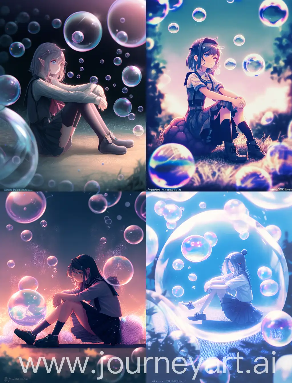  A girl sitting on the ground in front of a bubble, bubble goth , water bubble, bubble soap , add some watermarks like bubbles fishes etc, make it look beautiful add some special characteristics to the image