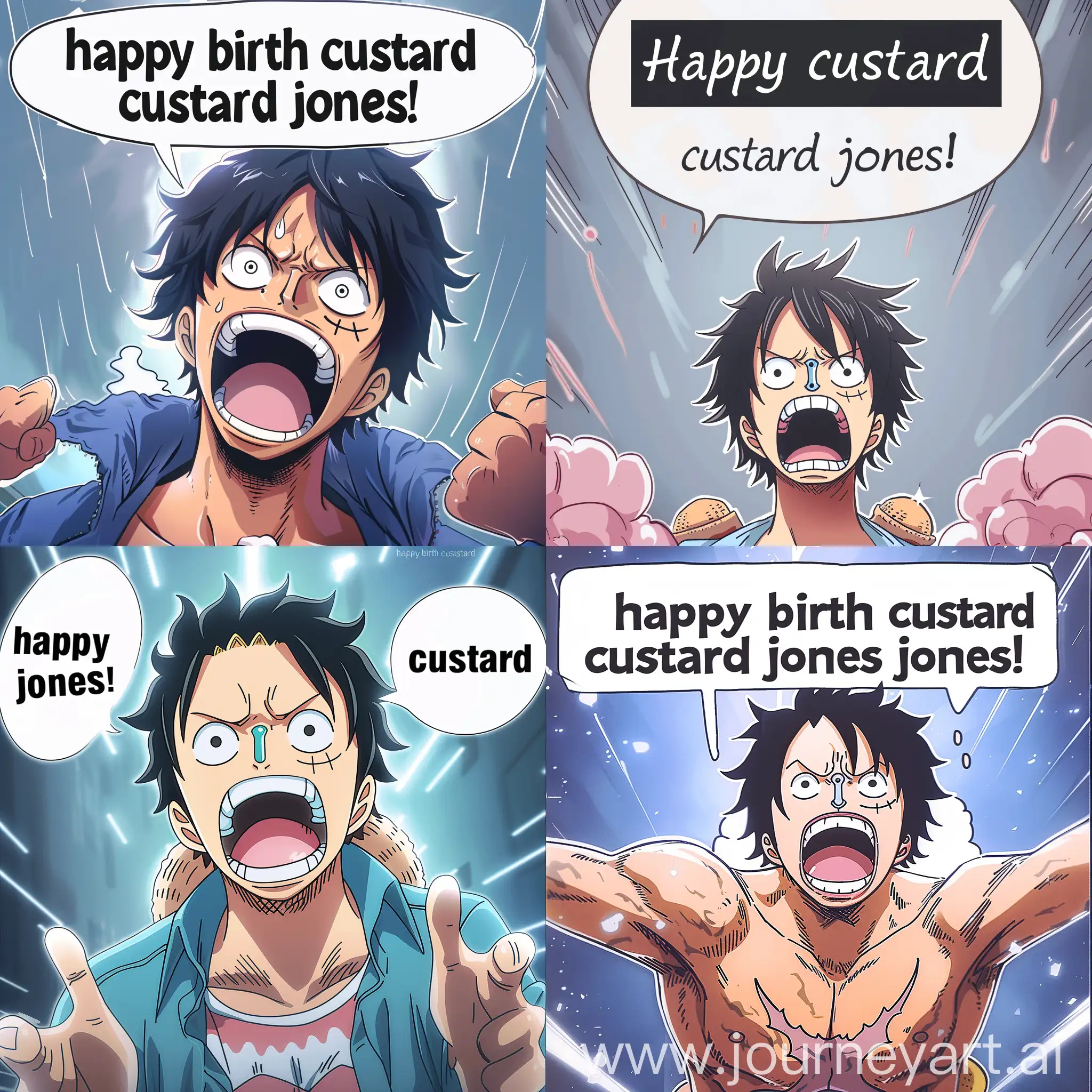 Luffi (from One Piece) shouting, with text in a bubble above him, text: “happy birth custard jones!”, funny, anime