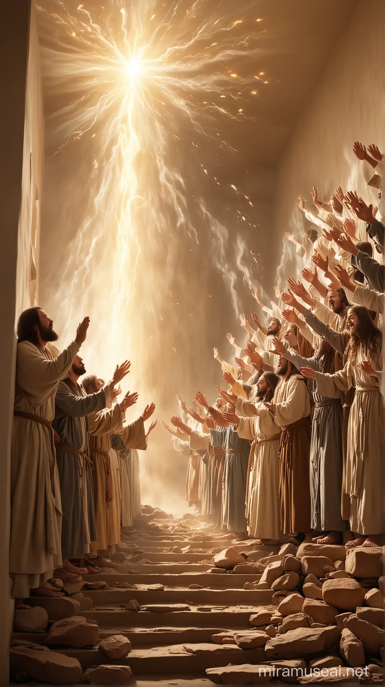 Many "Disciples of jesus praying aggressively and lifting up their hands " in an upstair room, and a bright light moving over their heads", with a very bright light and fire and A " mighty rushing wind" blowing across them 
