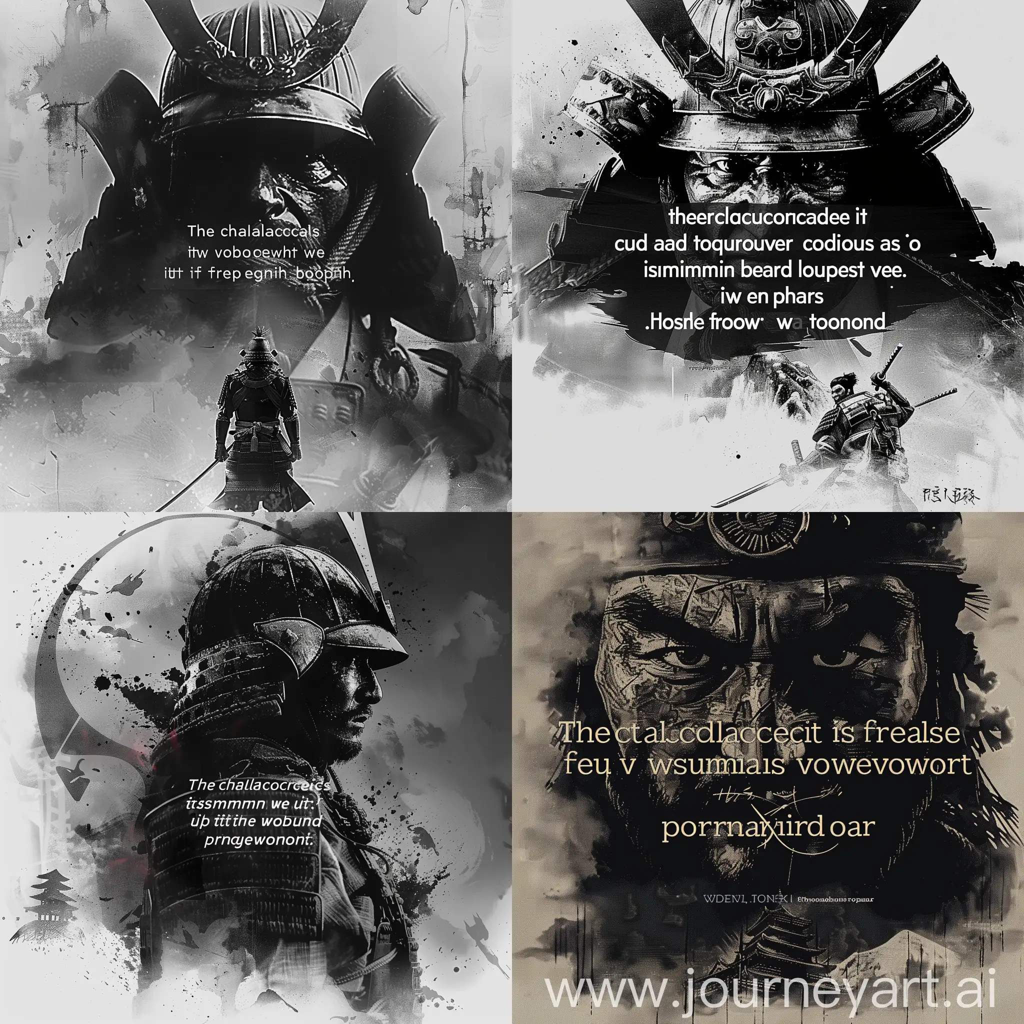 Insert this qute in the middle "The challenges we face can be overcome, if we summon our courage and cut ties with the past. Yesterday is behind us. We must look instead to the promise of tomorrow." and have a background of a wise samurai in black and white behind the quote.