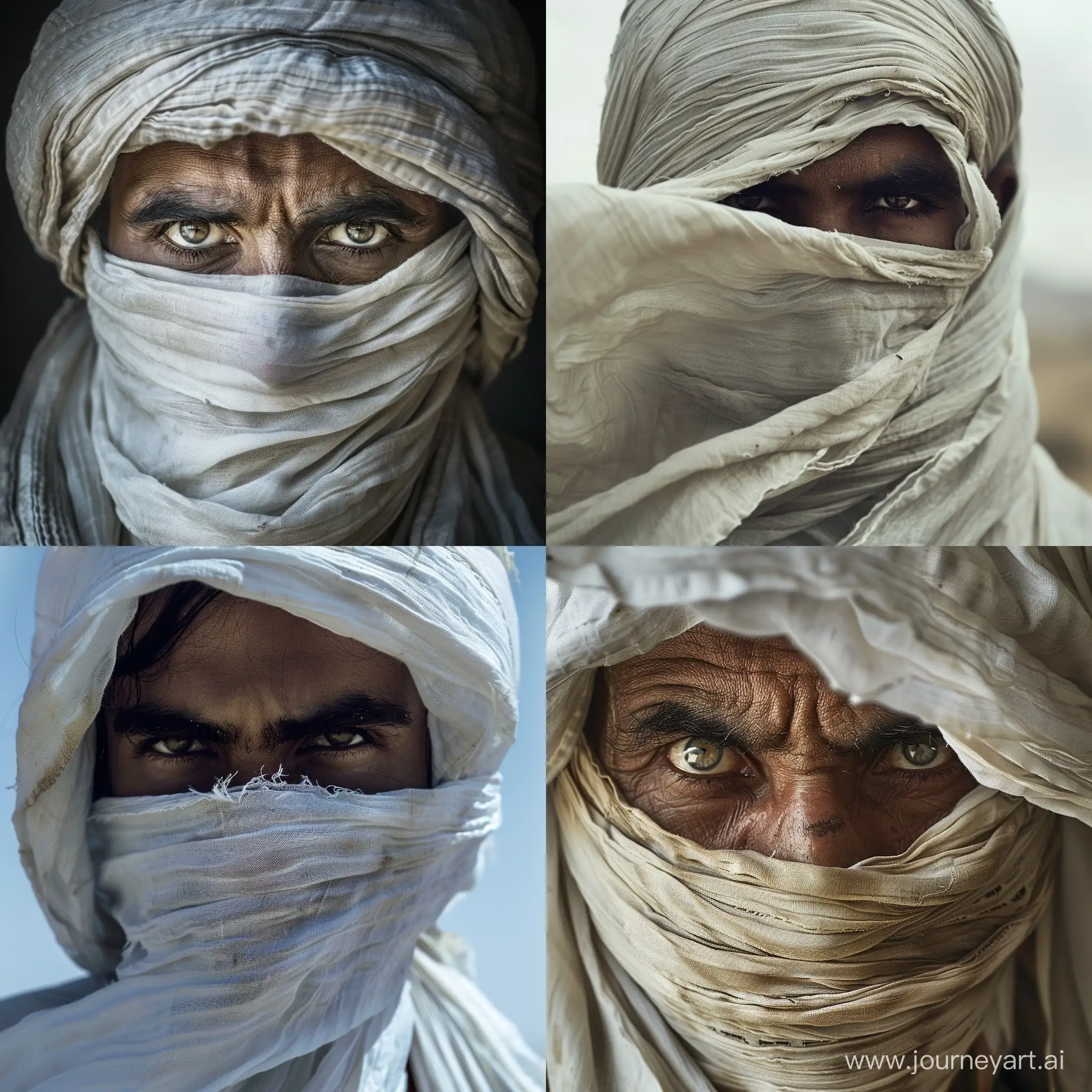 Tenth century arabian man tight face covered by a white cloth in windy effect, sharp eyes