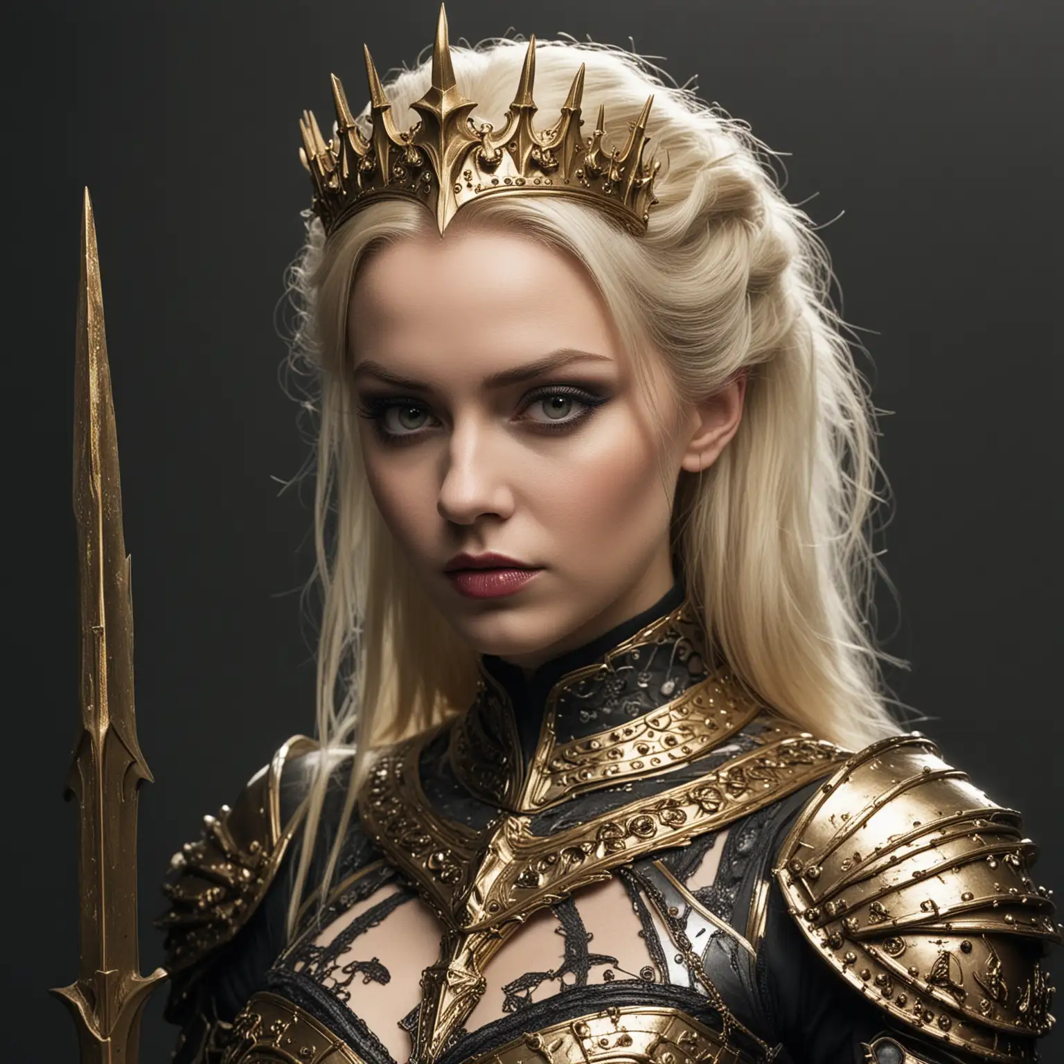 Gothic, queen, blonde, golden, spear, armoured