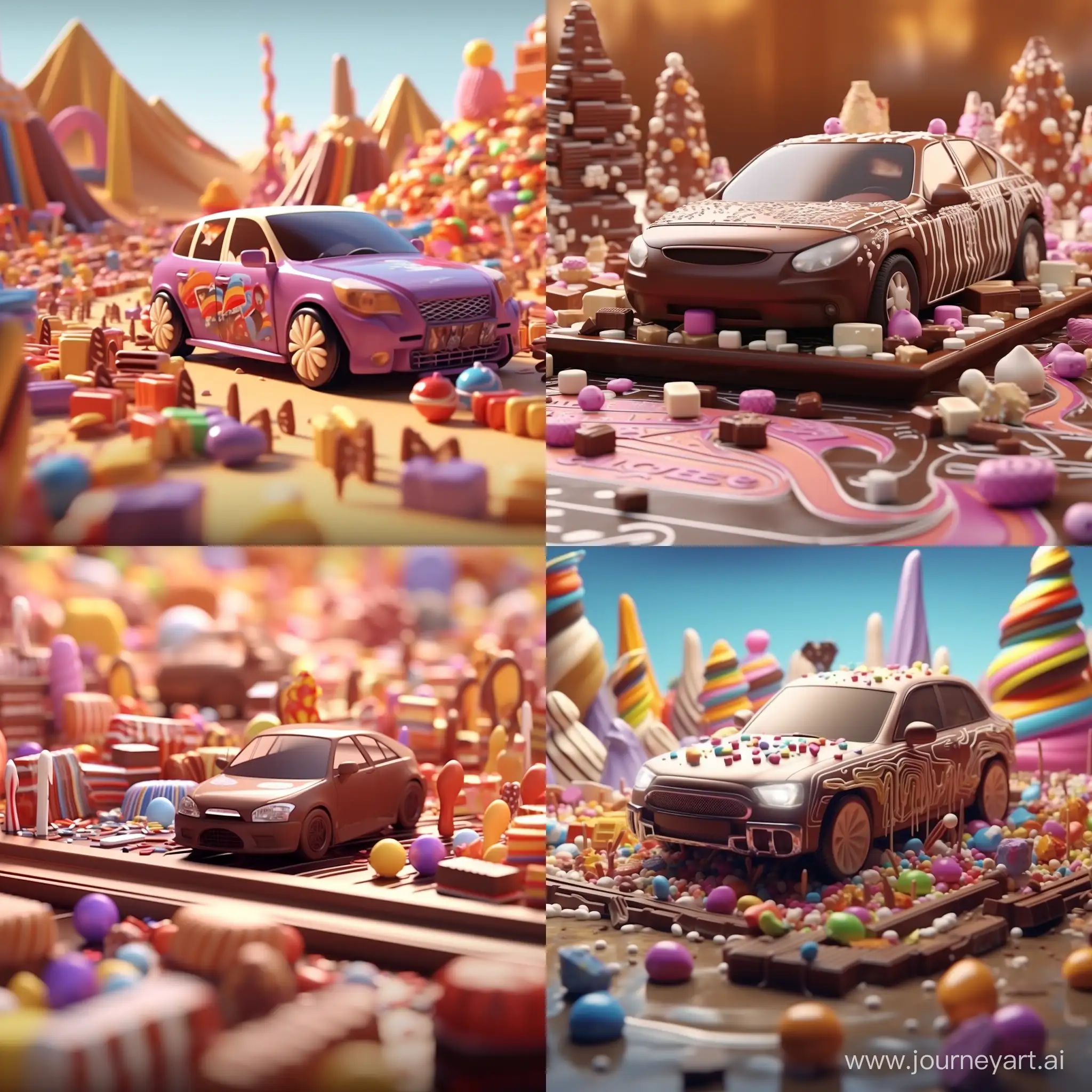 A lot of big beautiful cars made out of candy bars. 3D animation 