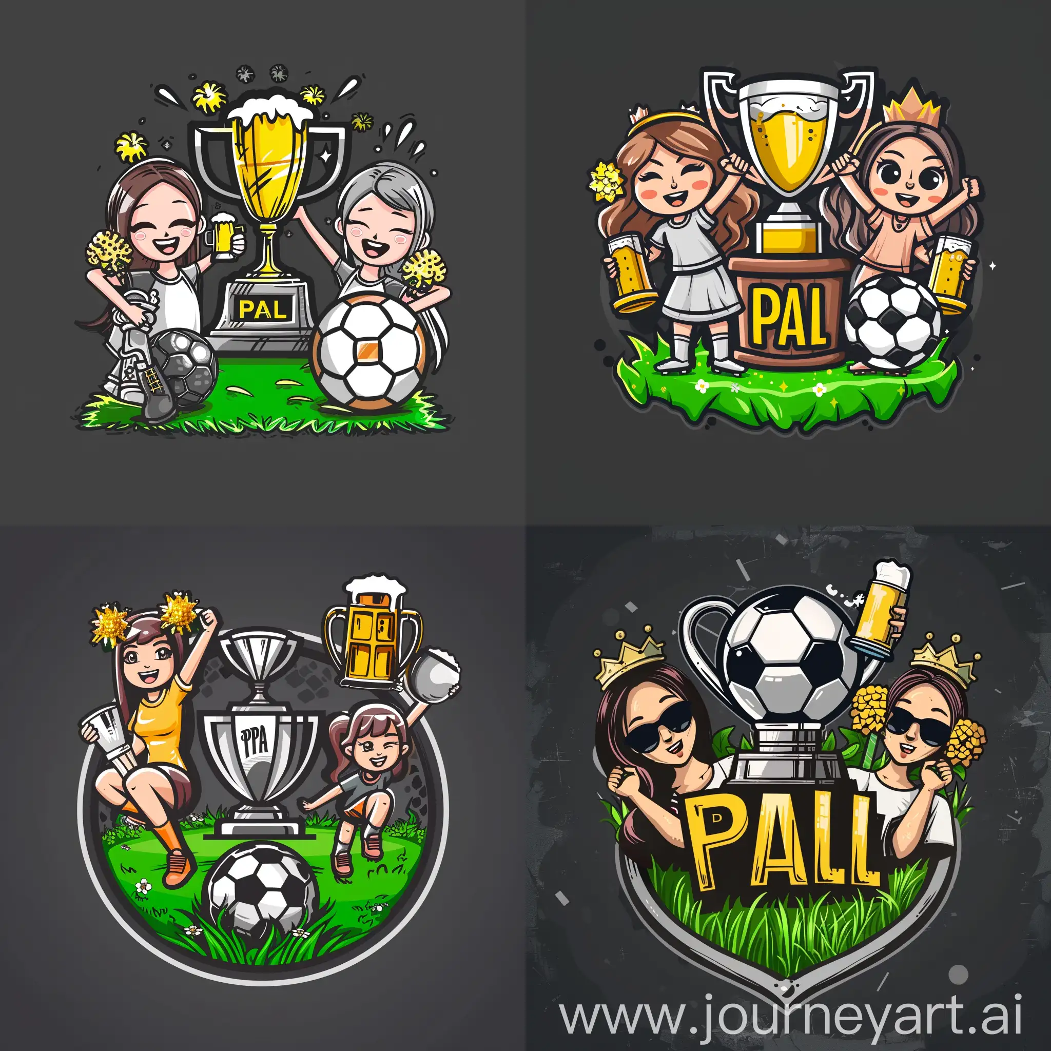 Generate soccer logo, include ball, beer, trophy, green grass, include two cute cheerleaders, dark grey background. Place exact name of the club PAL on logo.