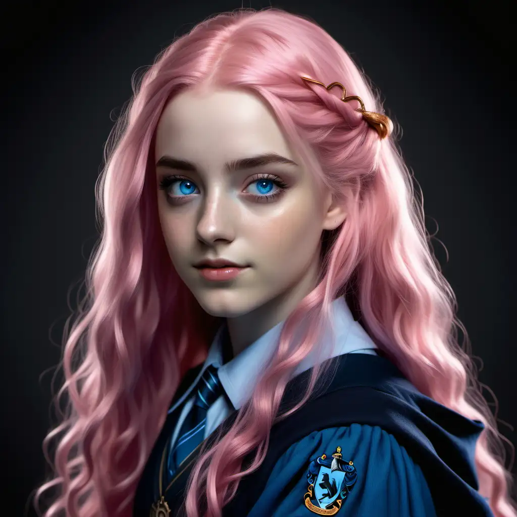 beautiful realistic ravenclaw student with long pink hair and blue eyes