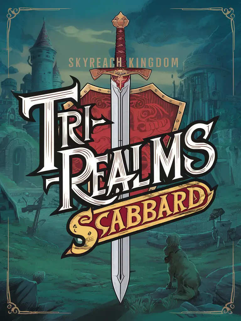 TriRealms Scabbard Stylized Sword and Shield Retro Video Game Logo Cover Art in Fantasy World Skyreach Kingdom Background
