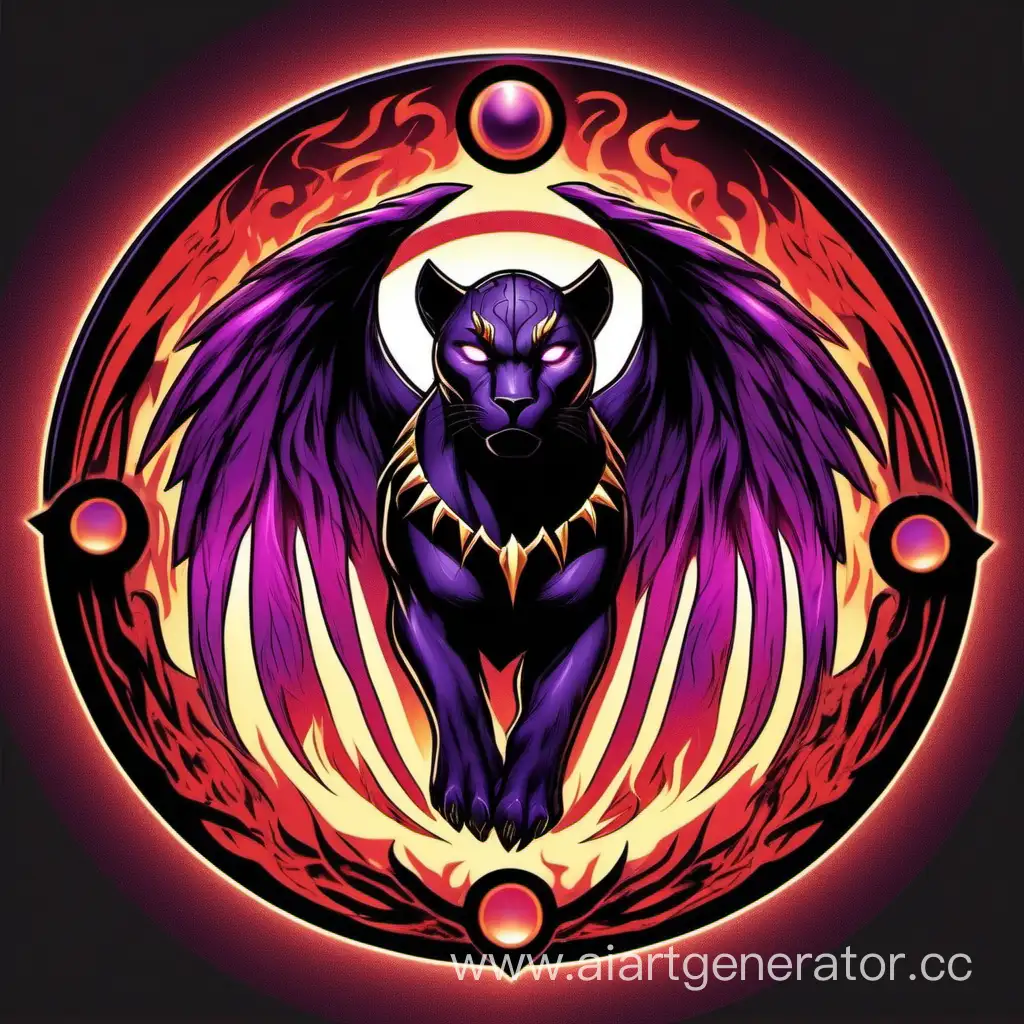 circle icon with purple and red fire? with black panther with wings of phoenix in the center