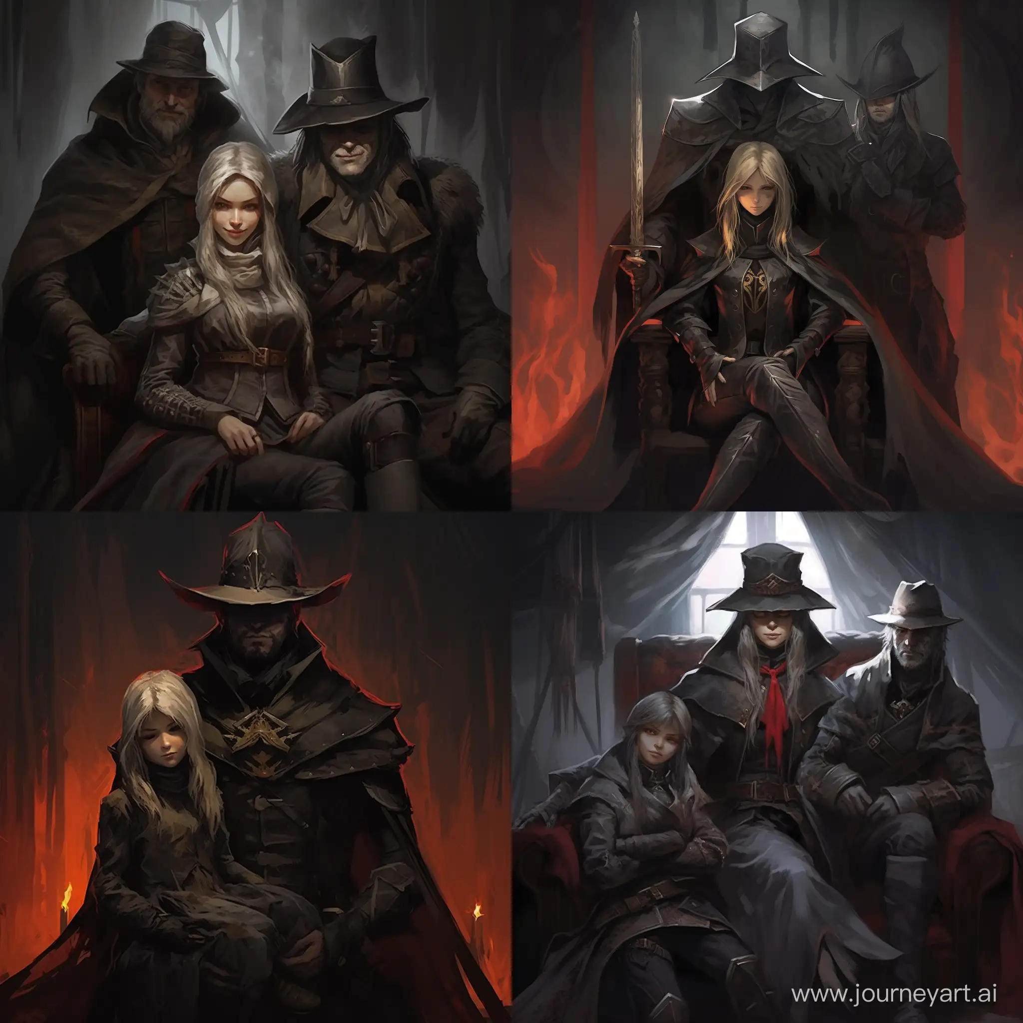 Lady maria from bloodborne on a knights lap, father and daughter, happy, family, happy, innocent girl and angry man