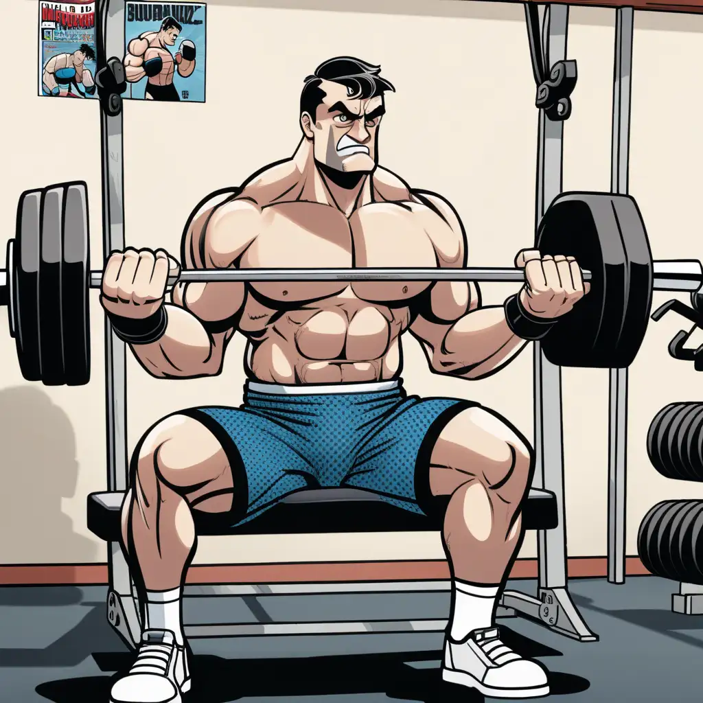 Comic Book Style Boxer Training on Weightlifting Bench