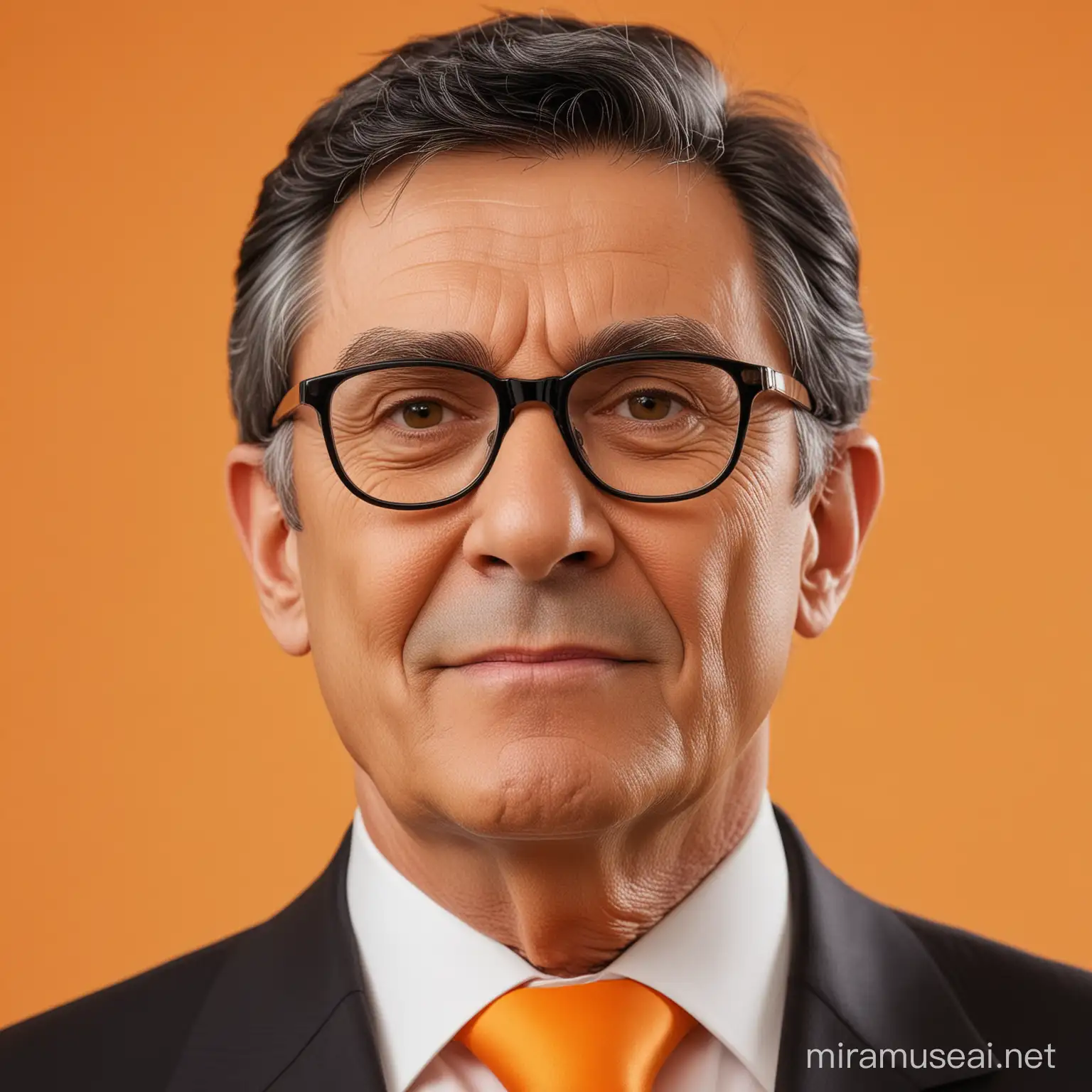 Político presidente popular de 61 años peinado con pelo negro y gafas finas con fondo naranja 