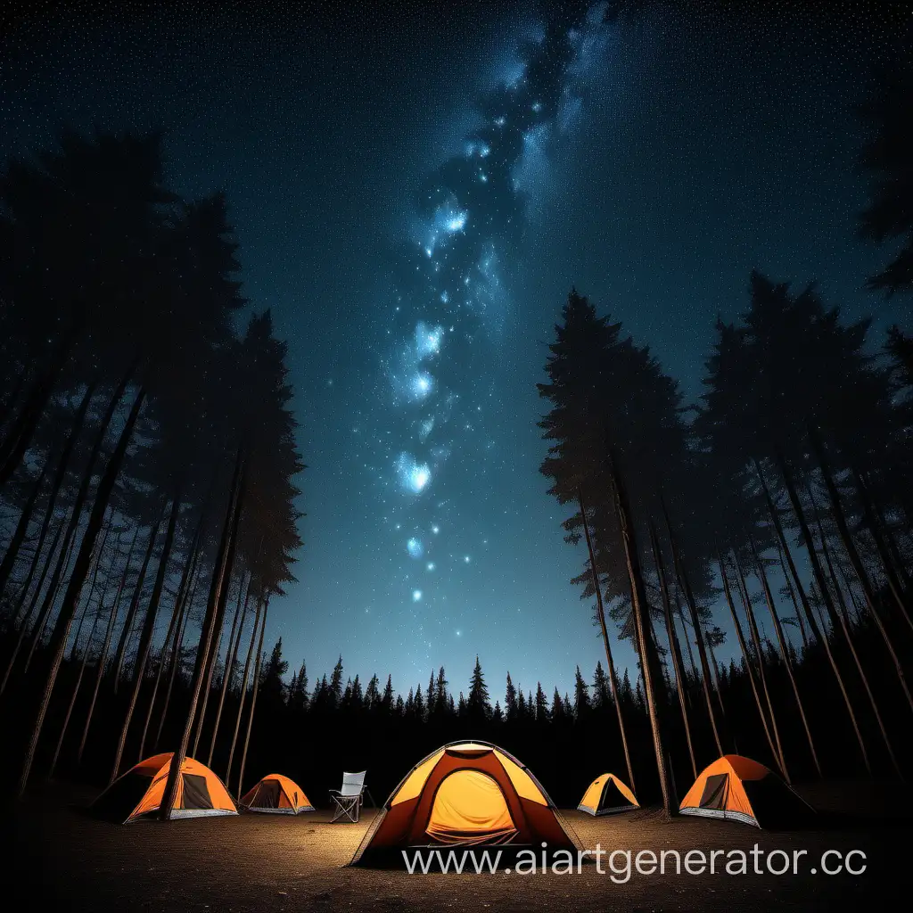 Generate an image where in the background there will be space with stars and in the foreground there will be a forest with a camp set up where people will be sitting