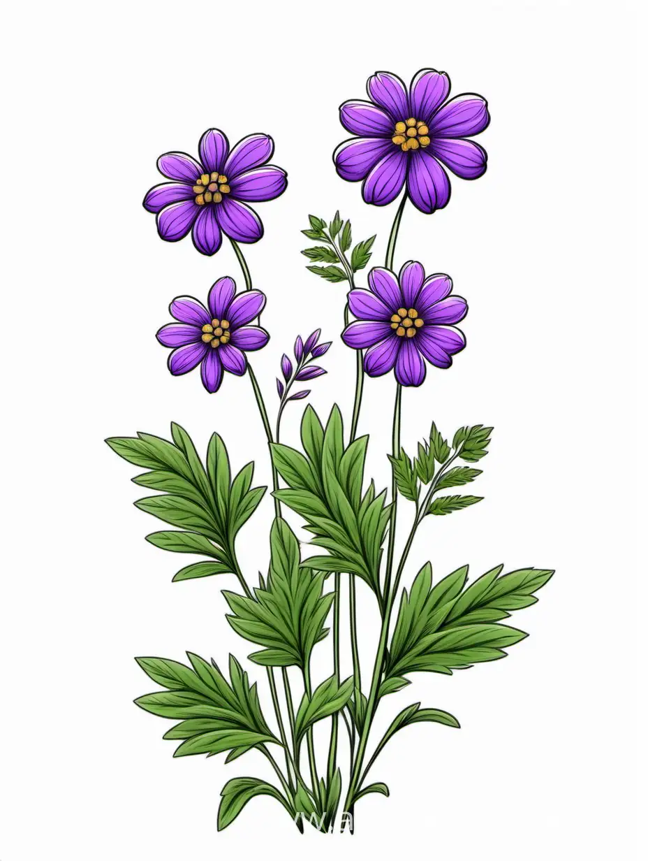 Purple Big wildflower 3 plants lines art, simple, herb, Unique floral, botanical ,grow in cluster, 4K, high quality, white background,