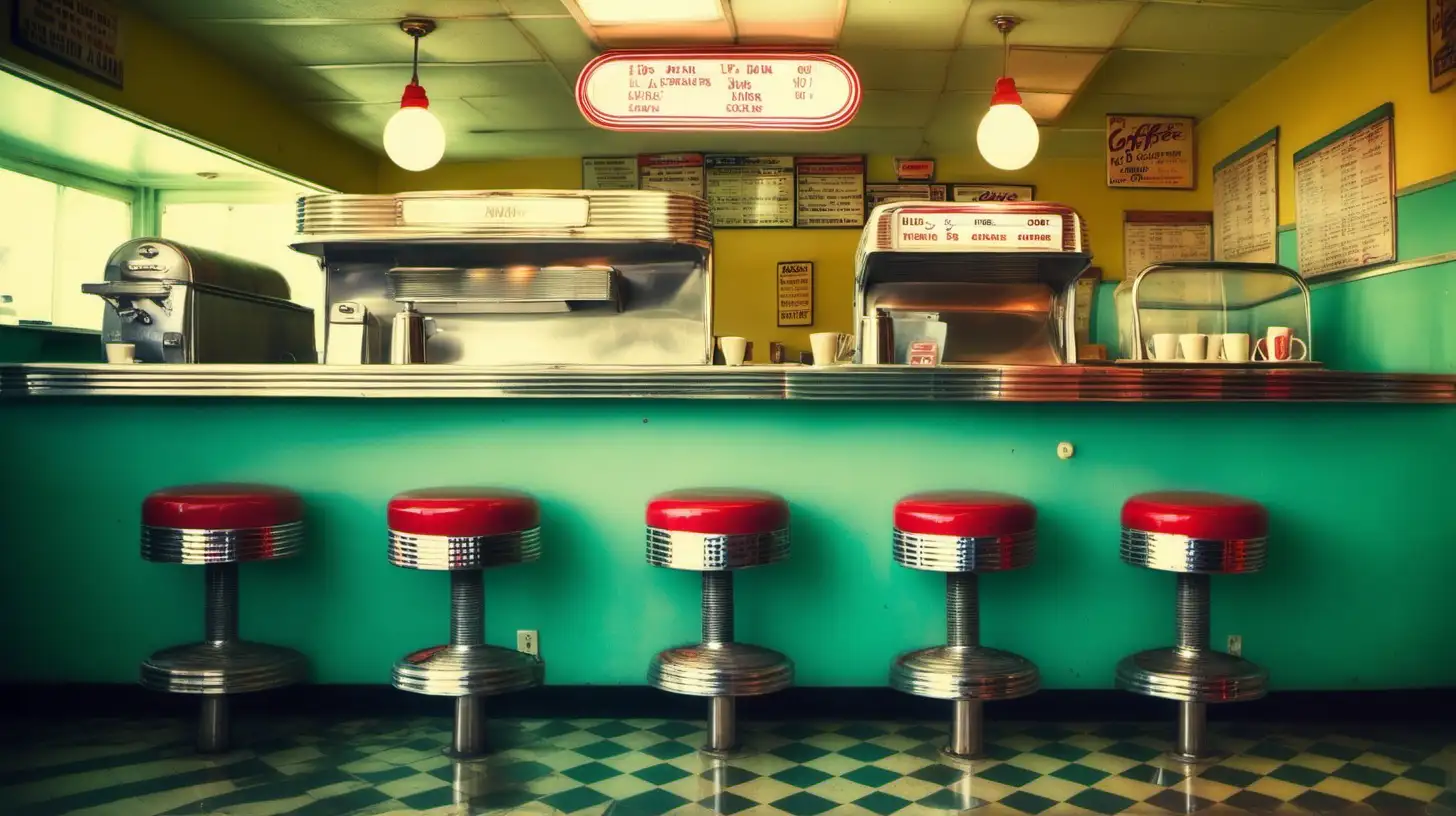 An empty 1950's diner counter with stools evenly spaced, bright colors, coffee cups, photographic quality.