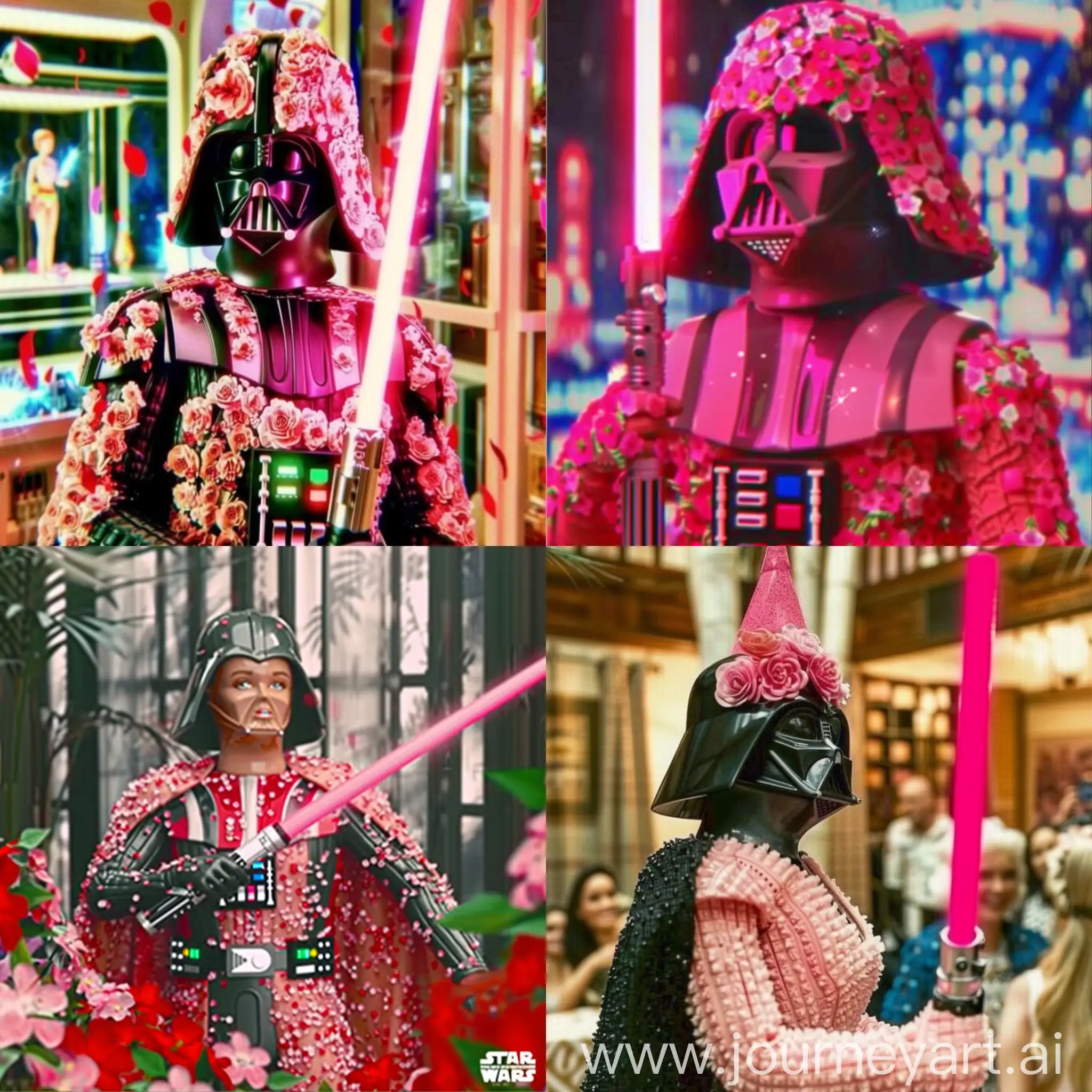 Darth Vader  in romantic genre film, dvd screenshot from anime film, barbie Vader wearing barbie (pink and romantic and flowery) costume, holding pink lightsaber and 80s romantic film composition --weird 50