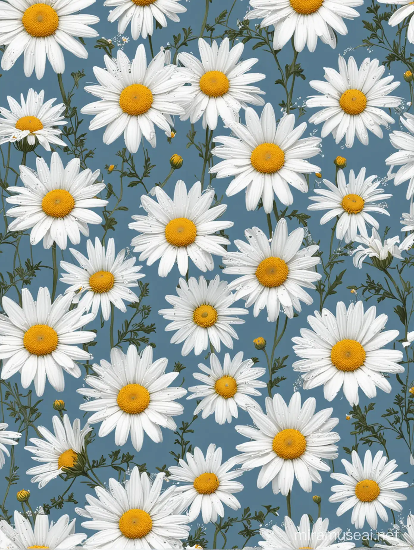 Botanical Seamless Pattern with Blue Wild Daisies on White Background