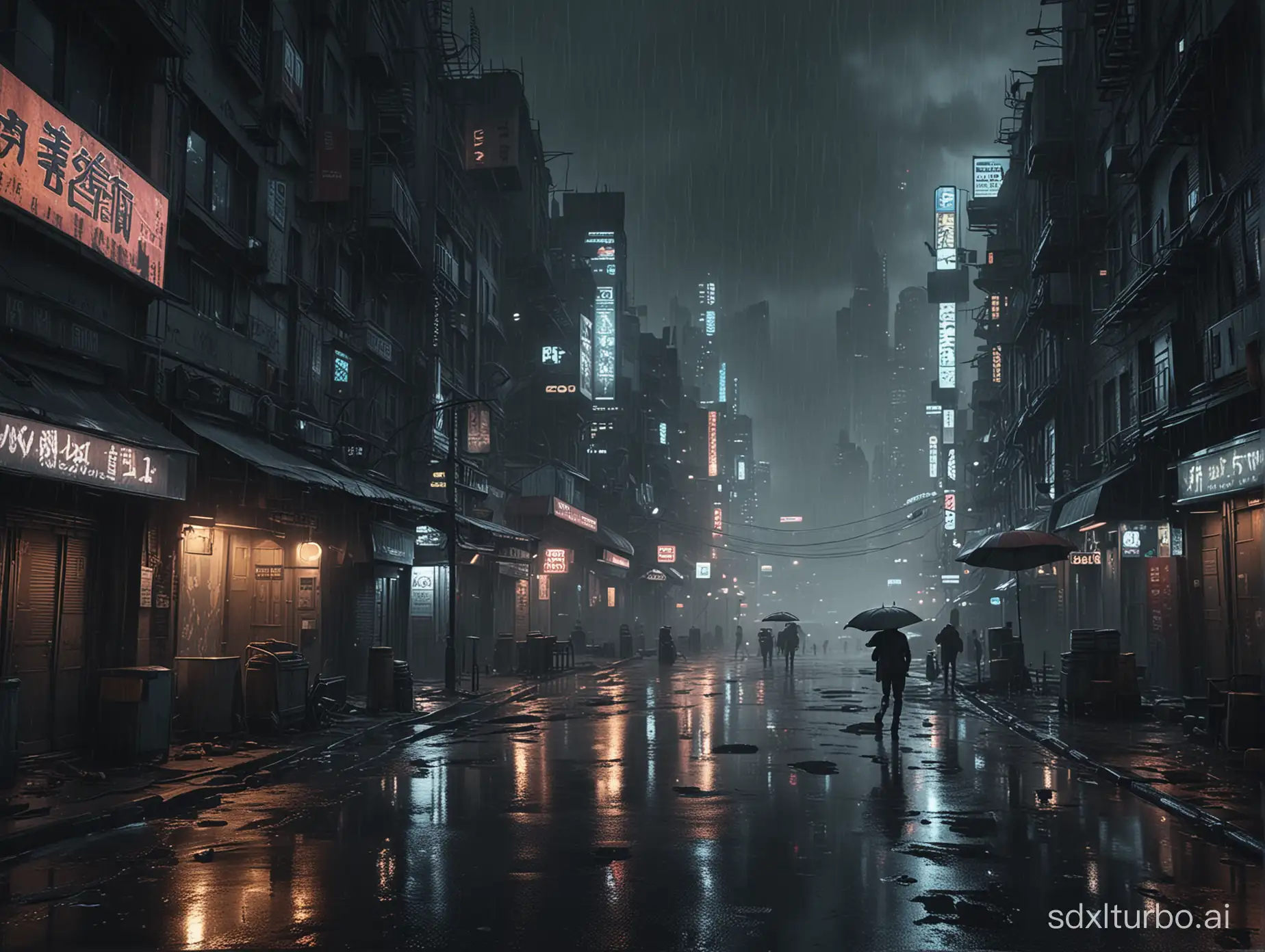 Dystopian cyberpunk poor city, dark ambiance, night,8K, hyper realistic, rainy, cinematic