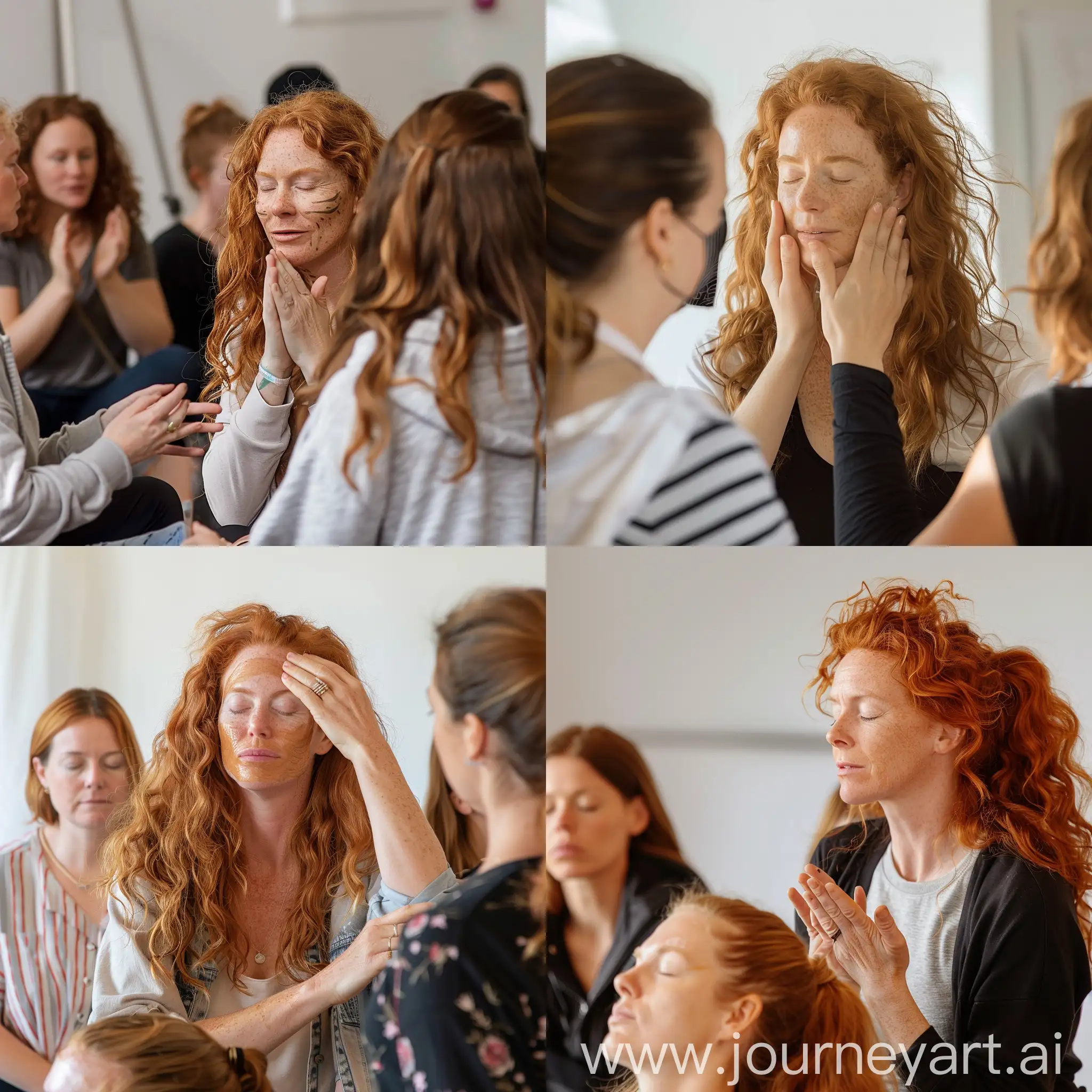 woman with wavy red-hair is teaching women how to do facial yoga on the workshop