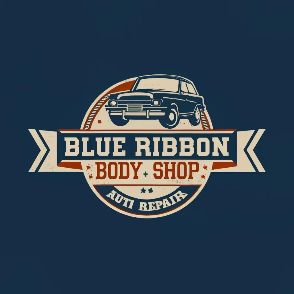a logo design,with the text "Blue Ribbon Body Shop", main symbol:Blue Ribbon Body Shop is a collision and reconditioning repair shop in Weirton, WV. Blue Ribbon is important because it symbolizes trustworthiness in the market place. The of Weirton, WV sits just 25 miles outside of Pittsburgh, PA, known for its blue collar workers, excellent craftsmanship, and where your handshake is your word.

Target Market(s)
car repair

Industry/Entity Type
auto repair, car repair, auto, autonomy

Logo styles of interest
Emblem Logo
Logo enclosed in a shape

Pictorial/Combination Logo
A real-world object (optional text)

Abstract Logo
Conceptual / symbolic (optional text)

Character Logo
Logo with illustration or character

Font styles to use
Serif
Sans Serif

Colors to be used in the logo design:
cobalt blue
bright red
coral red
dark blue

Requirements
Must have
Blue Ribbon in logo, Name in Logo, less ai generated
Nice to have
Hometown feel logo that gives users confidence in leaving their car to be repaired, using colors of the American flag,Moderate,clear background
