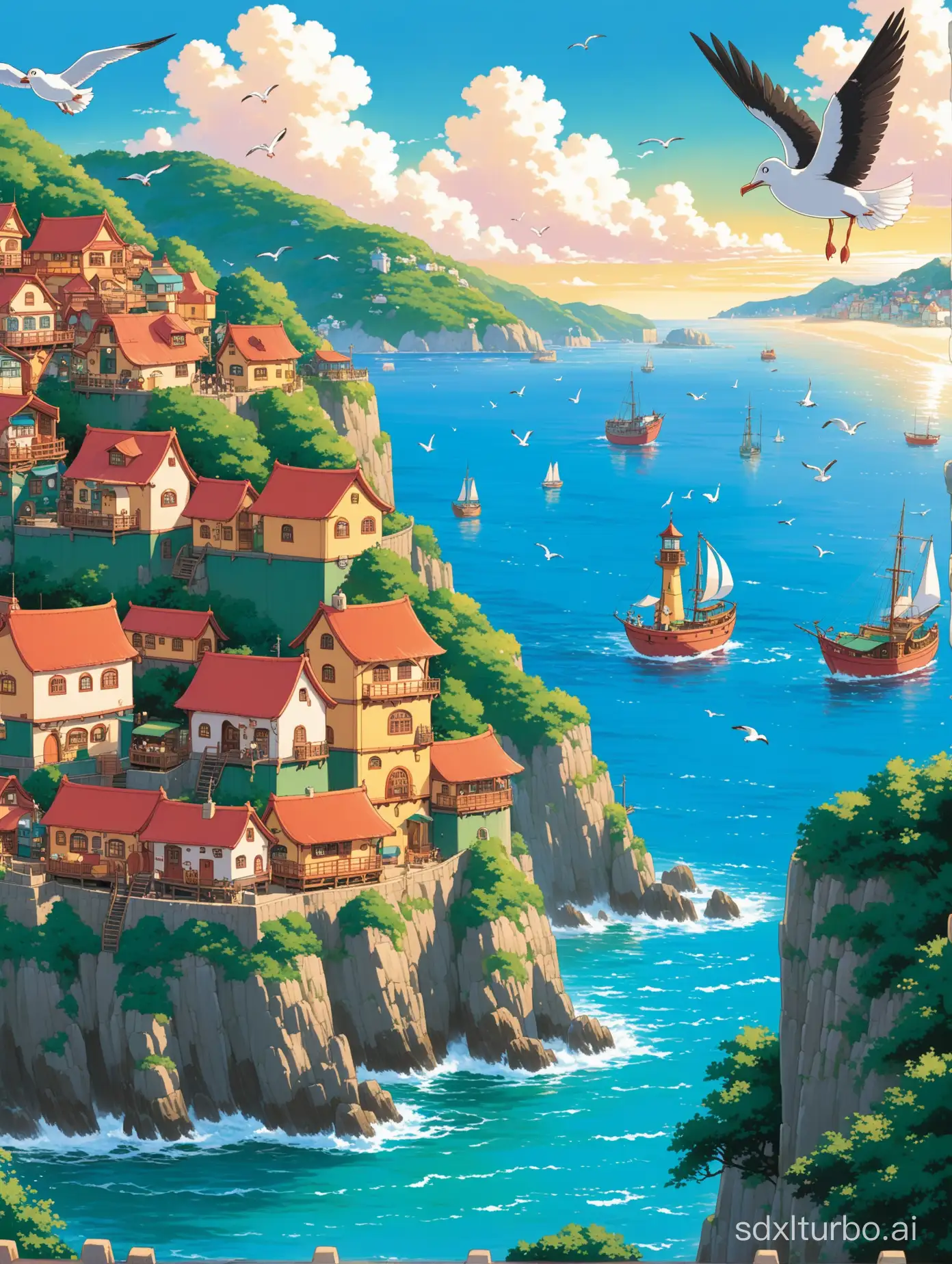 Ghibli's Whimsical Seaside Village: A charming seaside village perched atop cliffs overlooking the ocean, its colorful buildings adorned with intricate carvings and whimsical details. Fishing boats bob gently in the harbor, while seagulls soar overhead, creating a scene straight out of a Studio Ghibli masterpiece like "Kiki's Delivery Service."